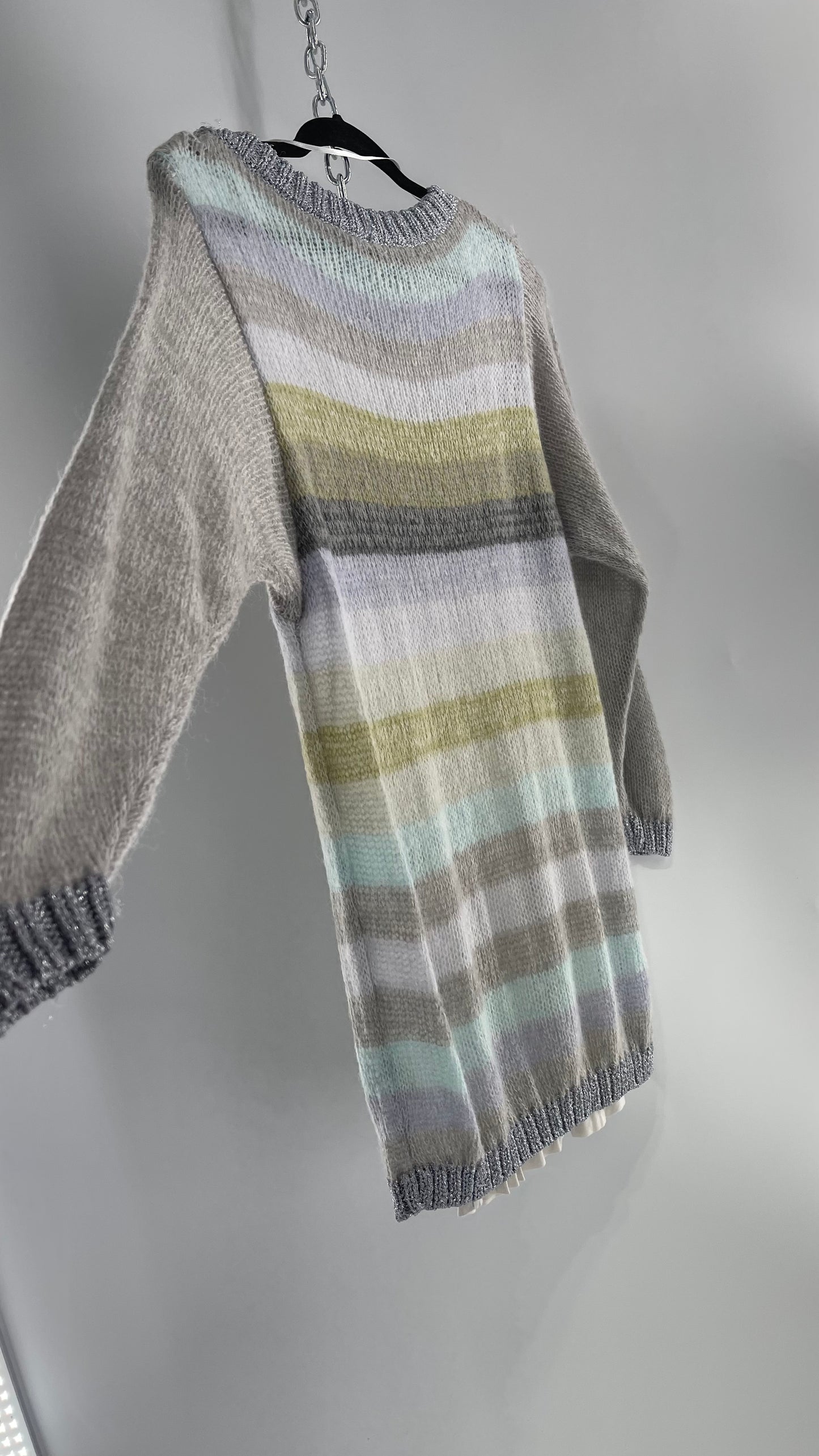 Free People Striped Sweater with Glitter Knit Cuffs and Collar (XS)