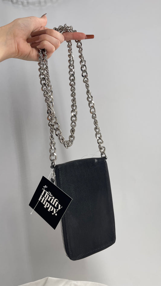Free People Black Leather Phone Purse with Heavy Metal Chain Strap