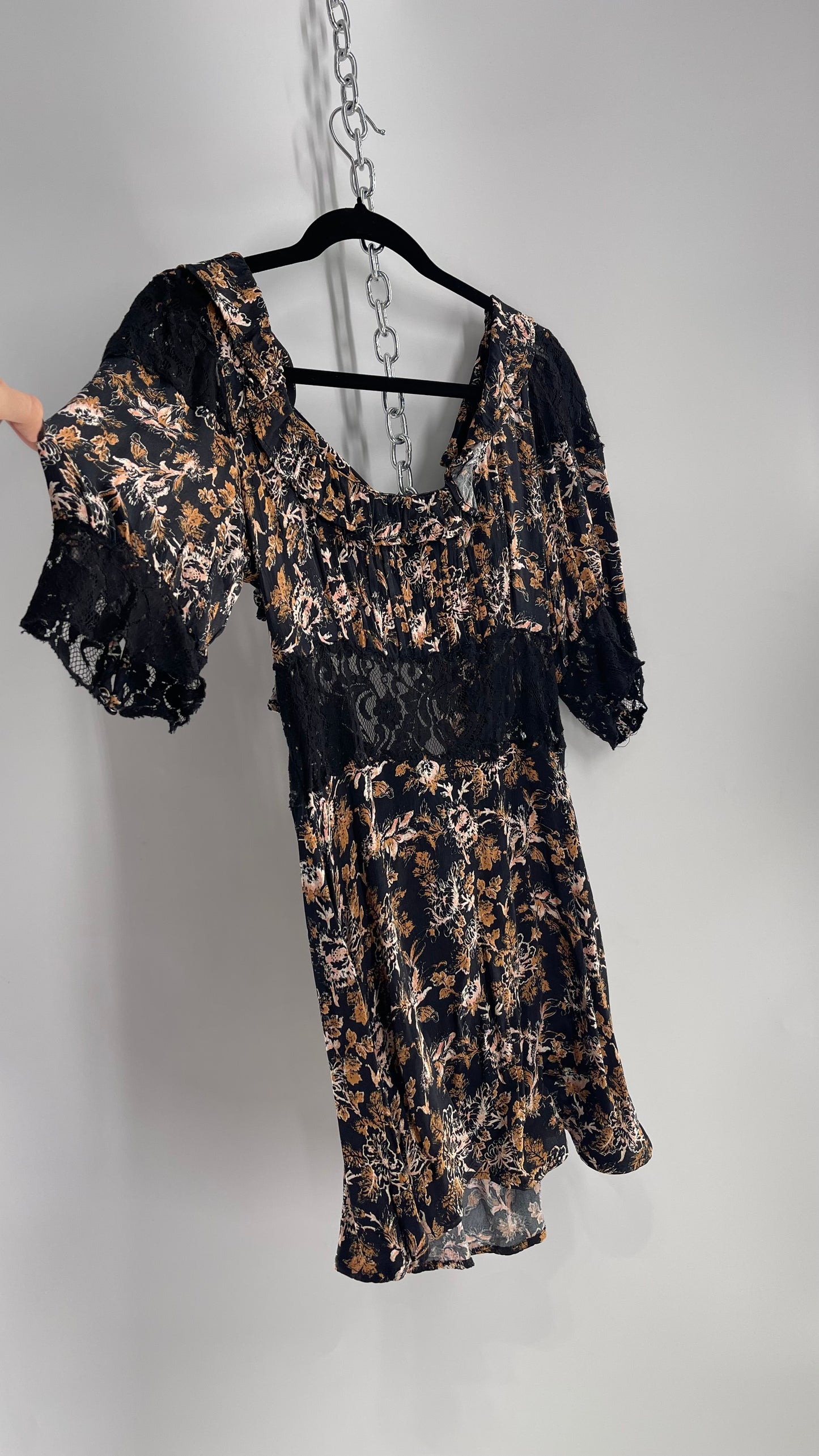 Free People Black Floral Mini Dress with Open Back and Lace Details (4)