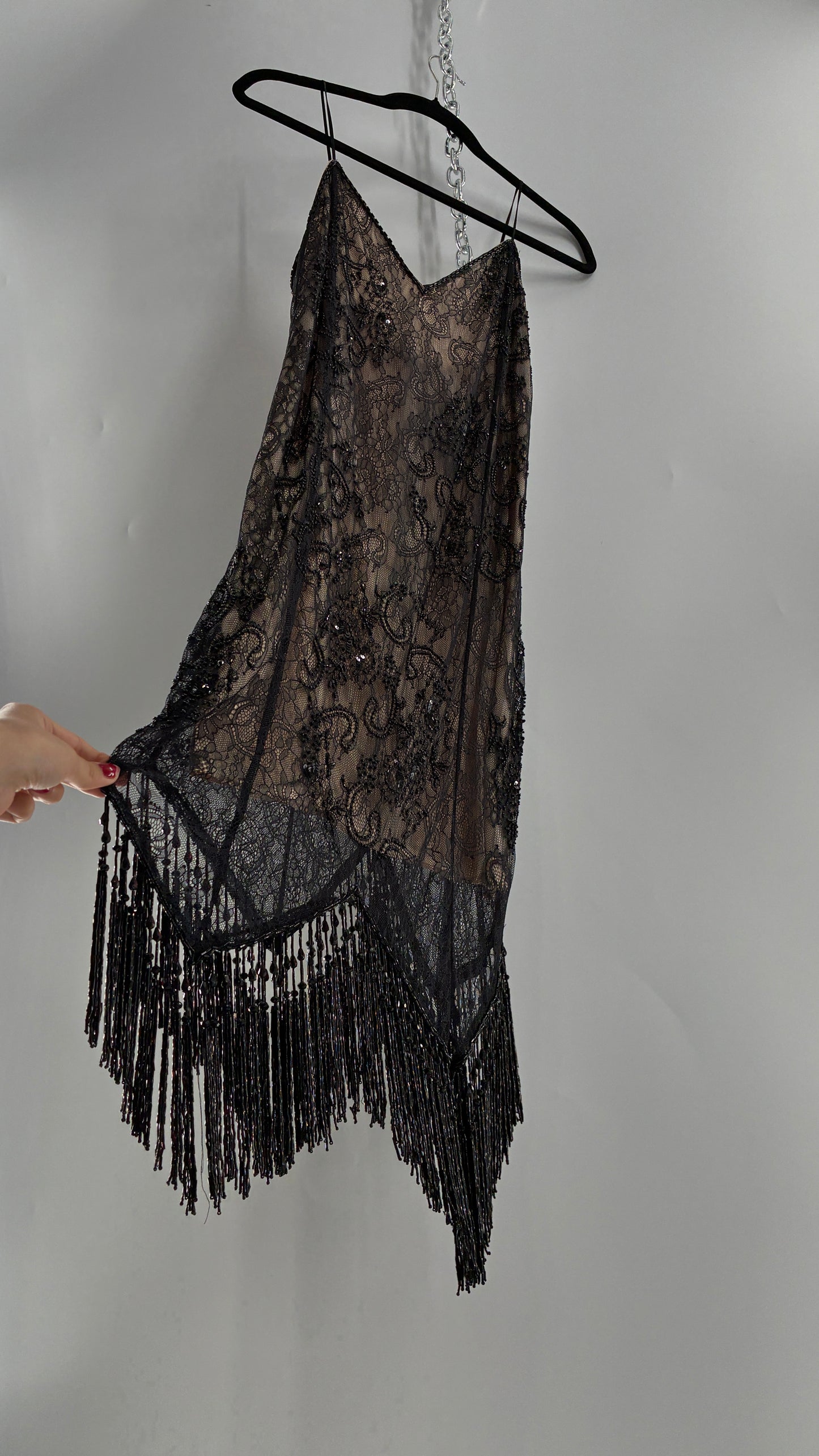 Vintage Haute Hippie Black Lace Nude Underlay Dress with Pointed Heavily Beaded Fringe Hem (2)