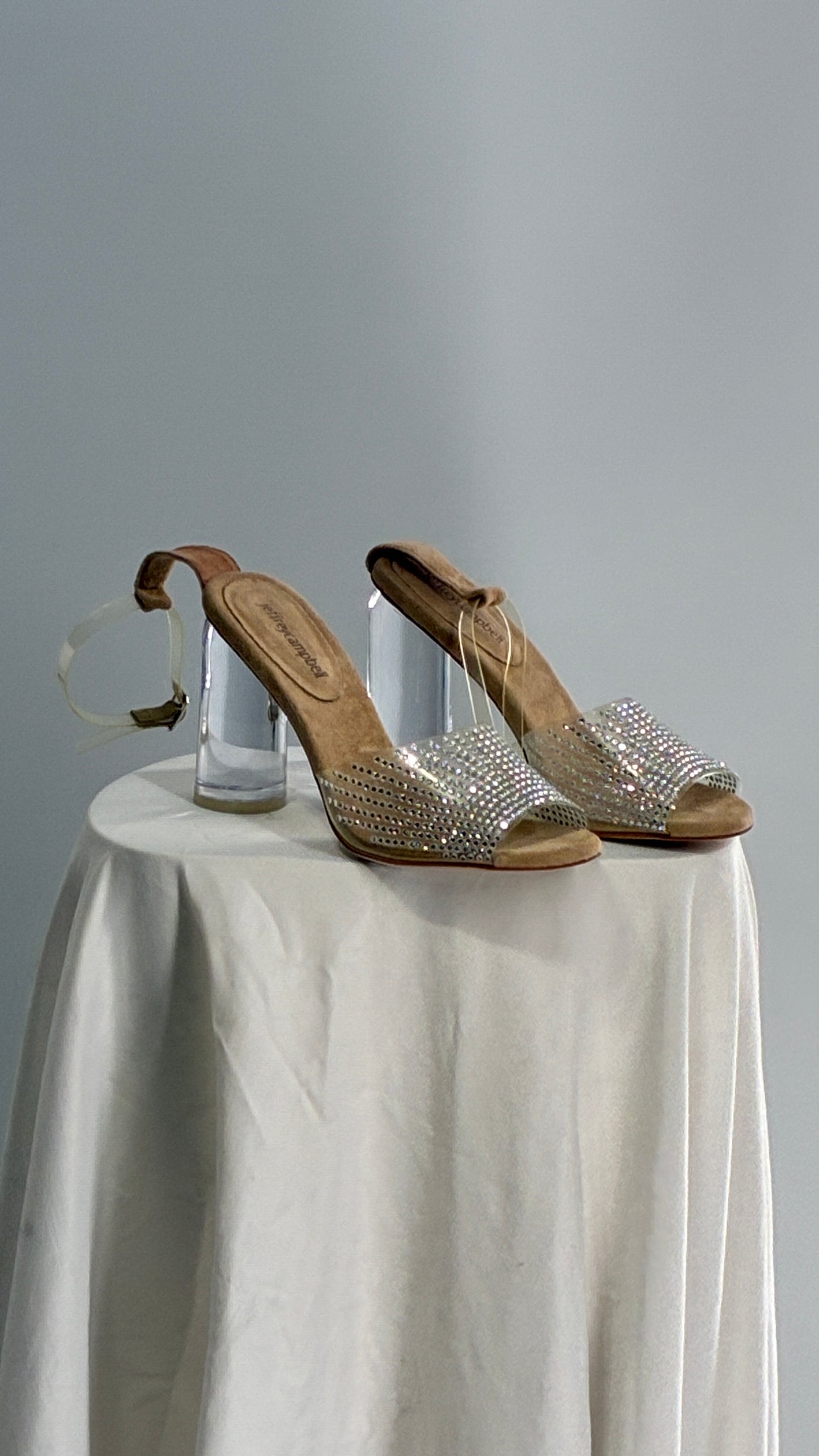 JEFFREY CAMPBELL Lucite Heel Suede Sole, Clear Strap Rhinestone Heel (8)