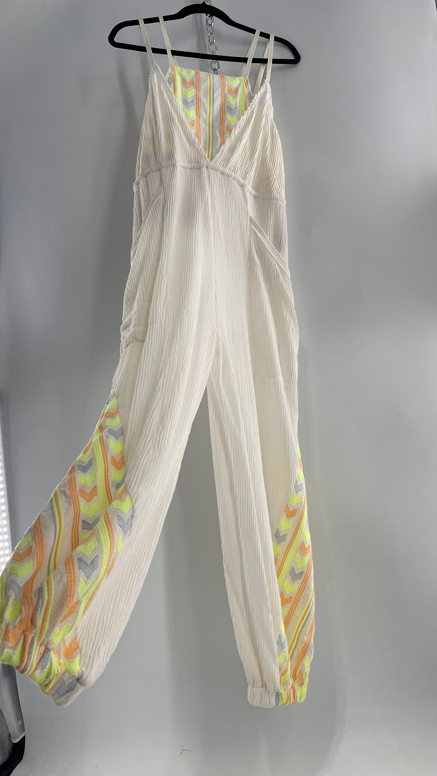 Free People Movement Cream Ribbed Jumpsuit with Yellow/Orange Embroidered Details and Waist Cinching Drawstring (Small)