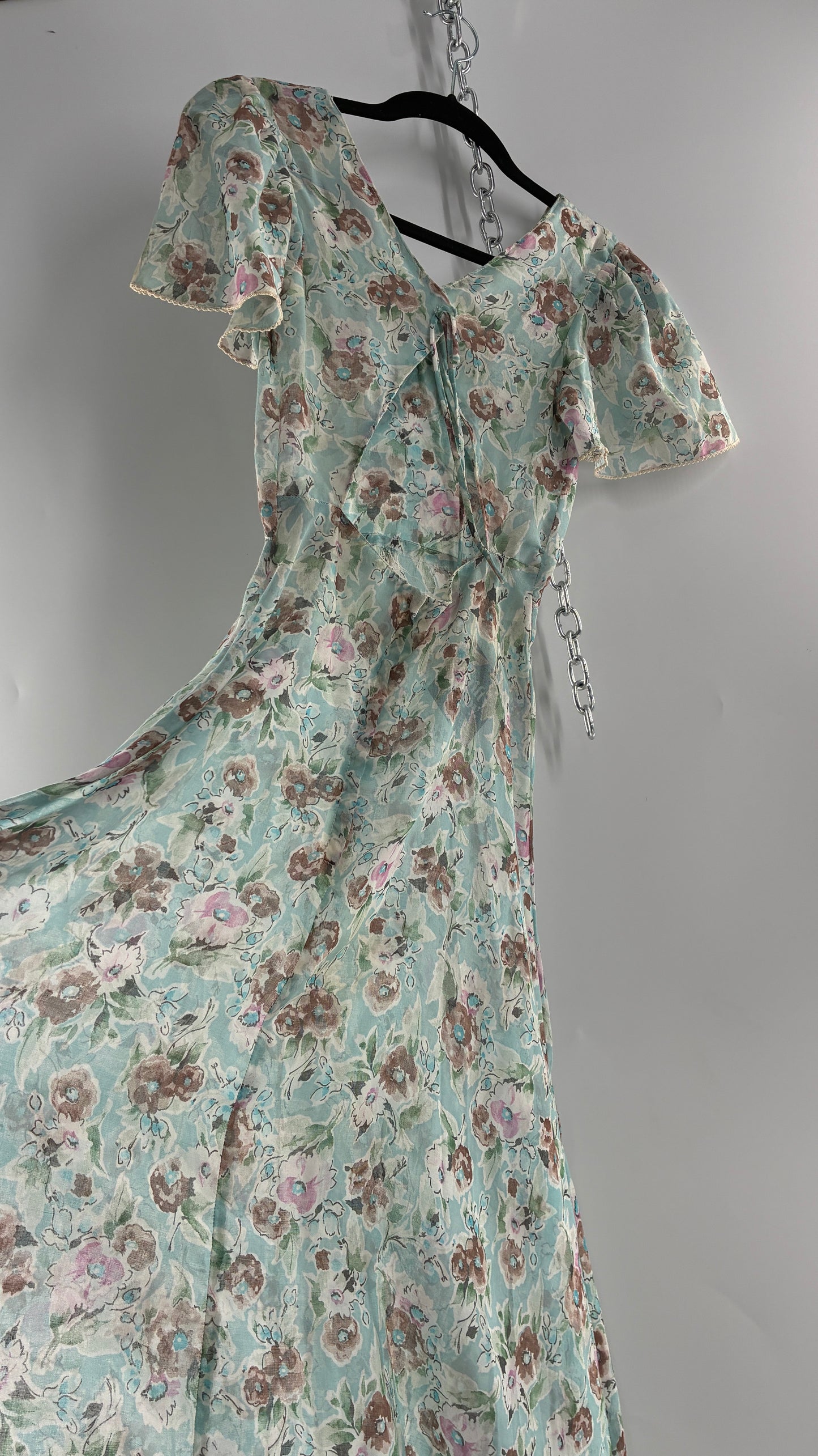 Handmade Vintage PLAIN JANE 1970s Voluminous Floral Gown with Bust Detail and Open Back (XS)