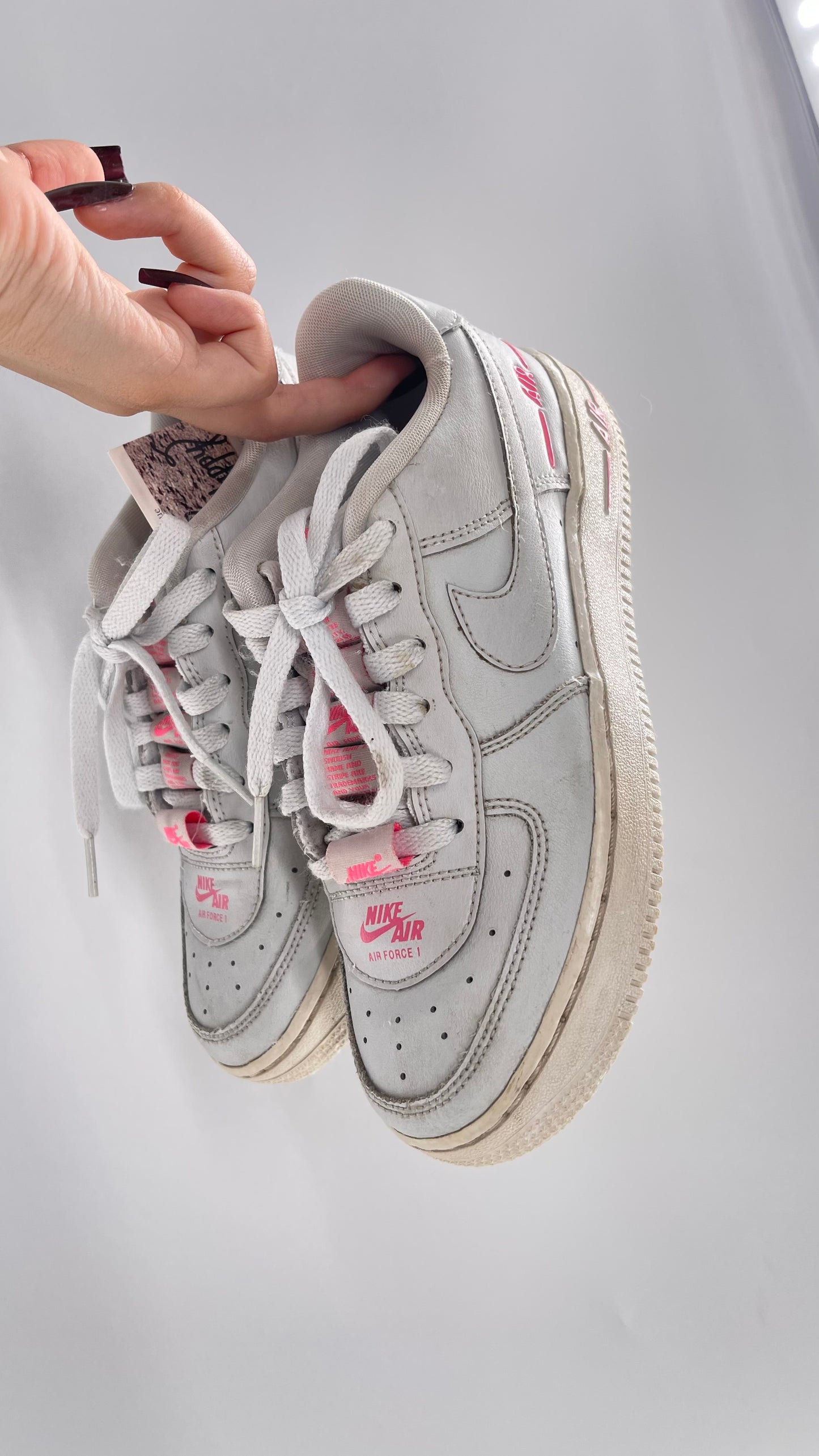 Custom Nikes Worn White with Tags on Laces and Neon Pink Details (4Y)