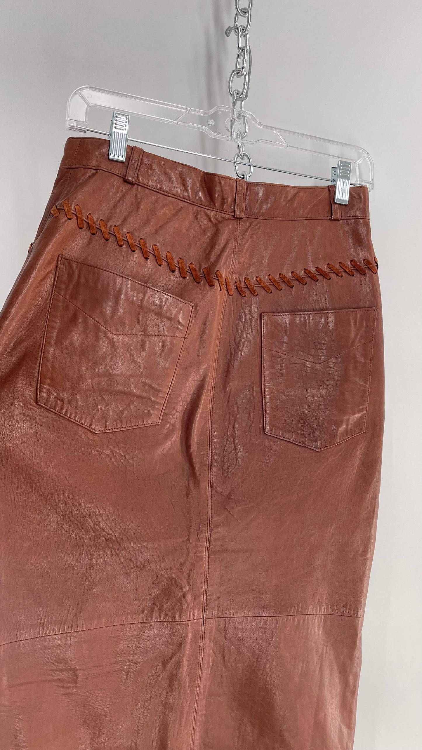 Vintage Diario Italian Brown Leather Long Skirt with Suede Stitch Detail (36)