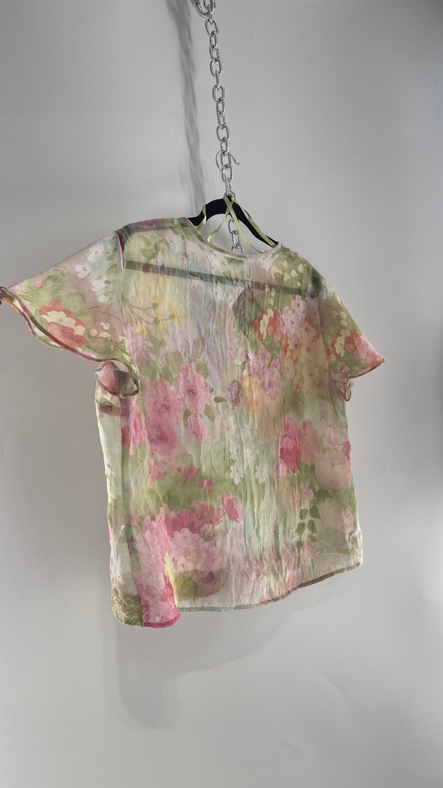 Vintage STUDIO 1 Bow Front Crinkled Floral Blouse Lace Trim Hem (Large)