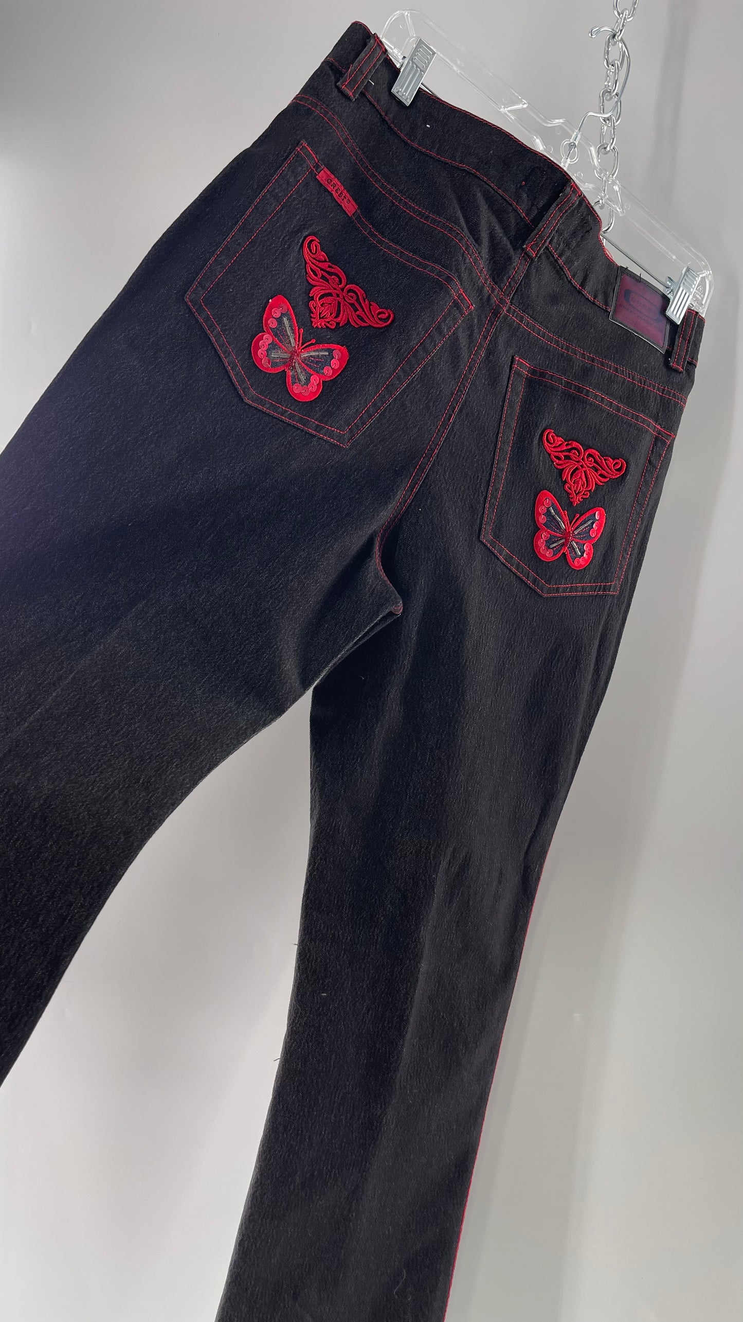 Rare Vintage Black Crest Jeans with Red Contrast Stitching and Butterfly Embroidery on Thigh and Back Pockets (14)