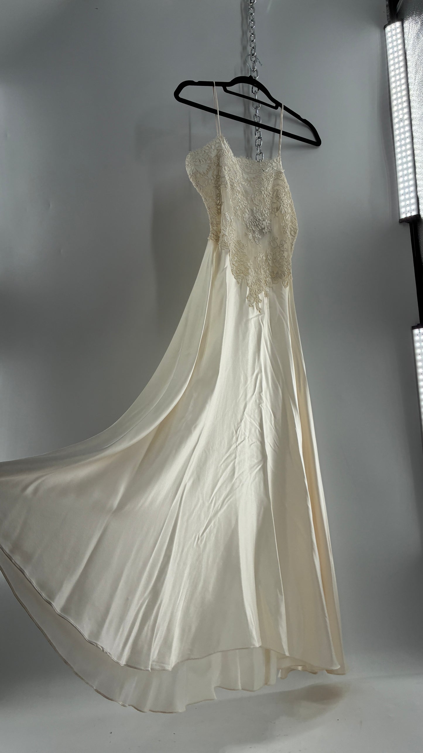 Vintage JONQUIL 100% Silk Gown with Heavy Lace Appliqués and Low Cut Sheer Back (Medium)