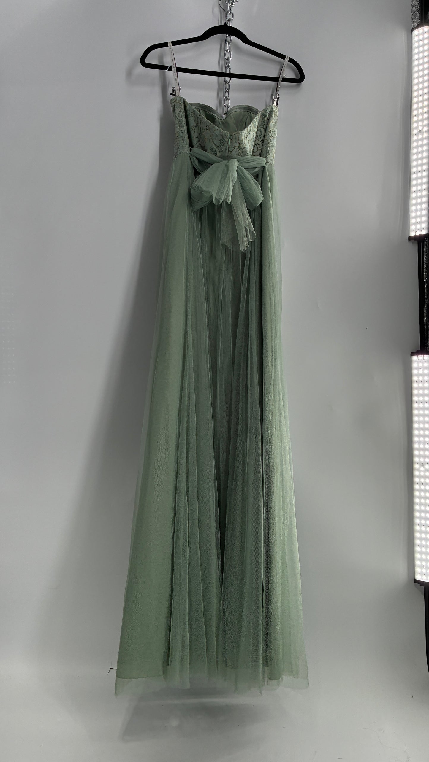 Jenny Yoo Seafoam Green Tulle Full Length Dress with Lace Corset Bodice (8)