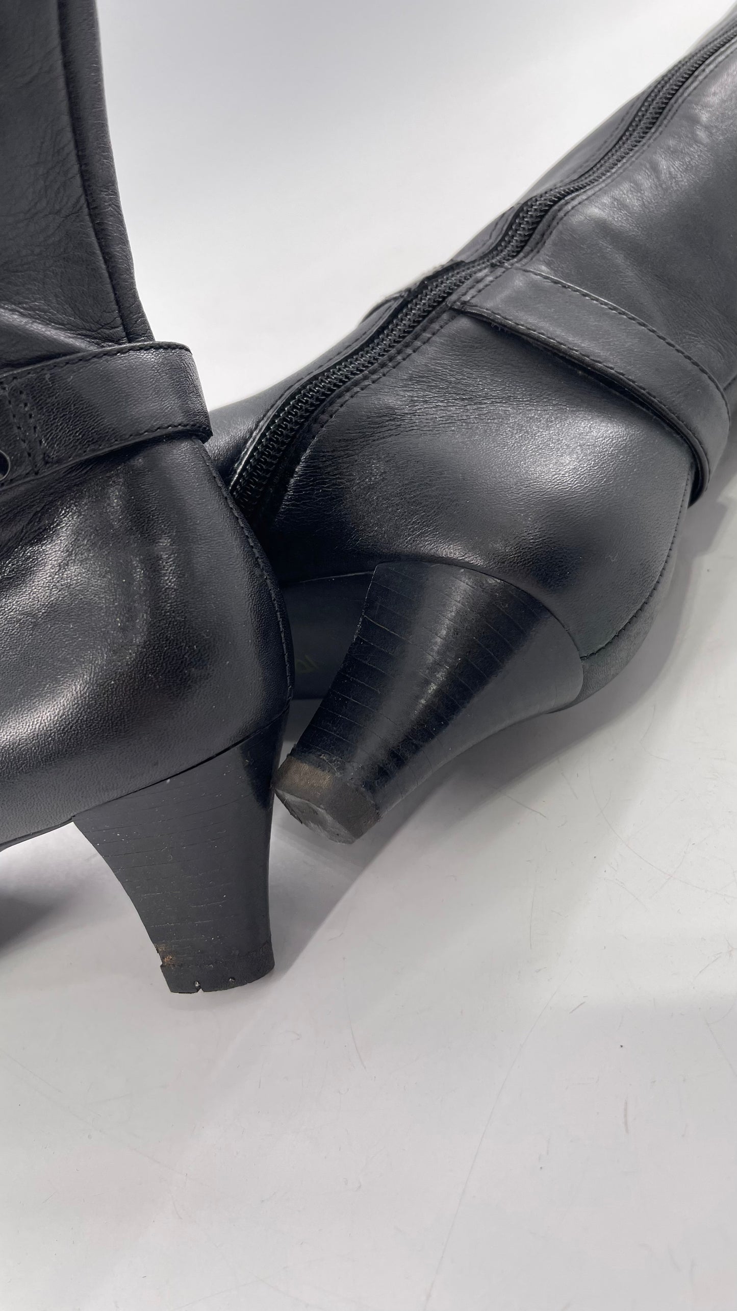 Vintage Black Anne Klein Leather Knee High Boots with Pointed Toe and Ankle Metal Buckle Detail (8)
