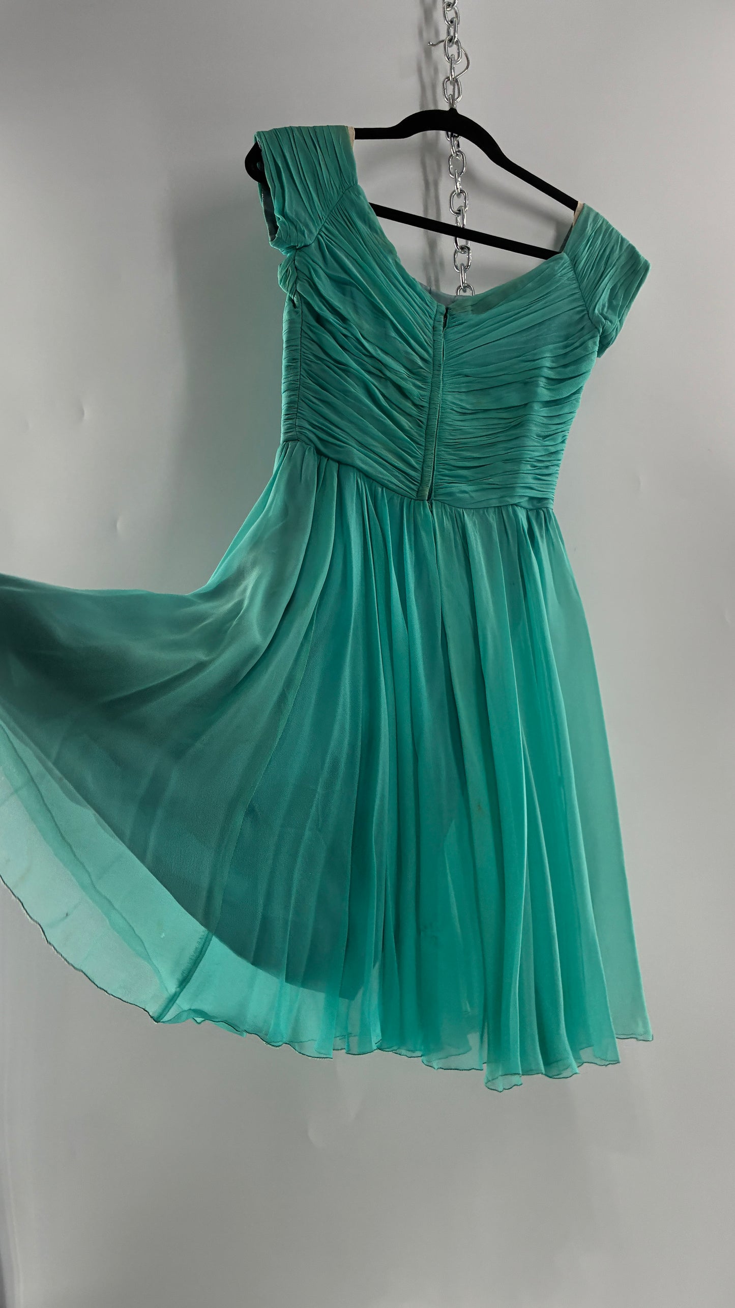Vintage Teal Handmade Mini Dress with Pleated Basket Woven Bust (XS)