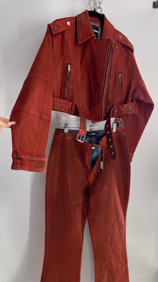 Fashion Nova Red Waxed Denim Cropped Motorcycle Jacket with Flared Jean Set and Tags Attached (XL/15)