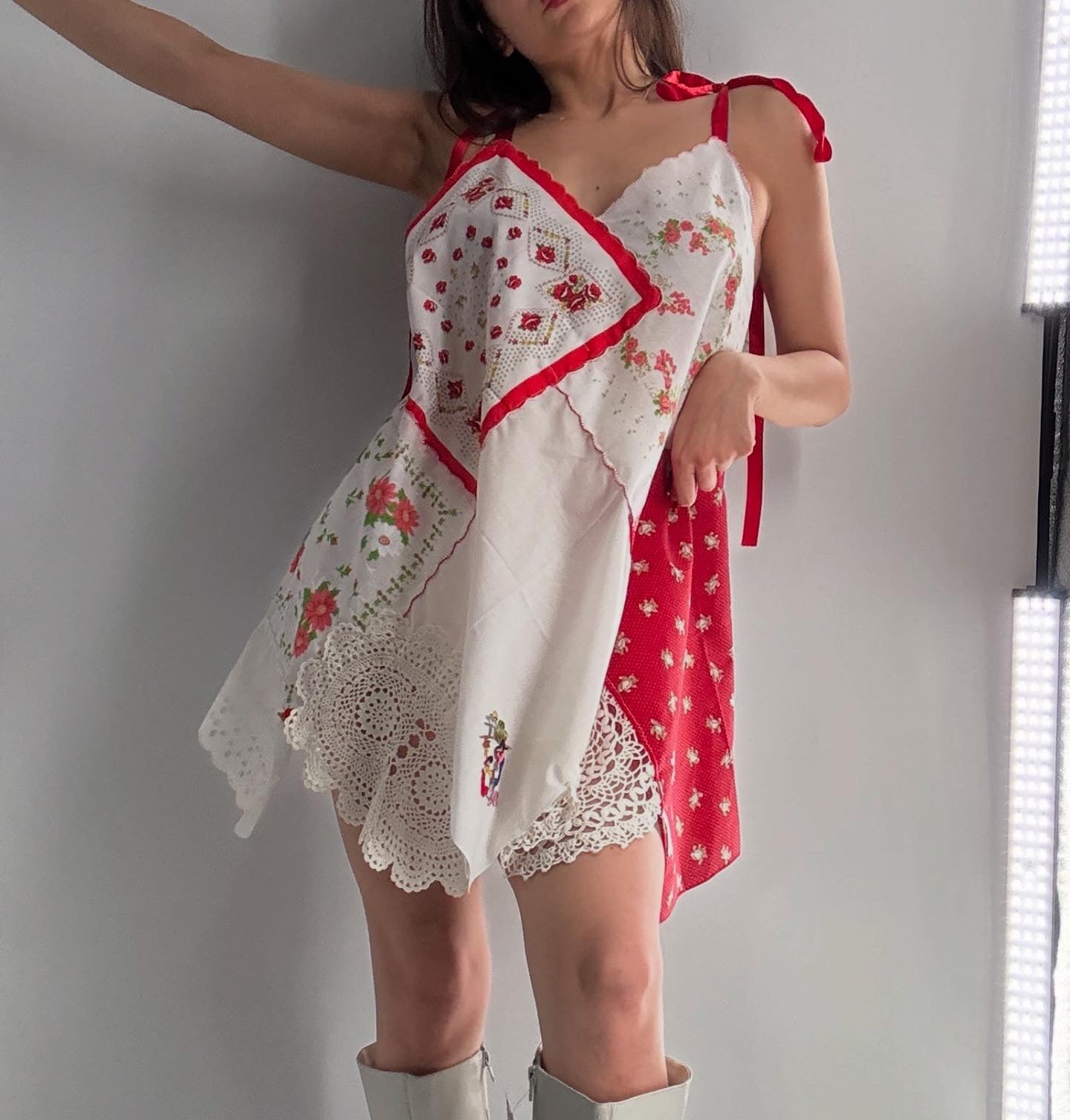 Vintage Red Handmade Handkerchief Backless Mini Dress (XS-L)