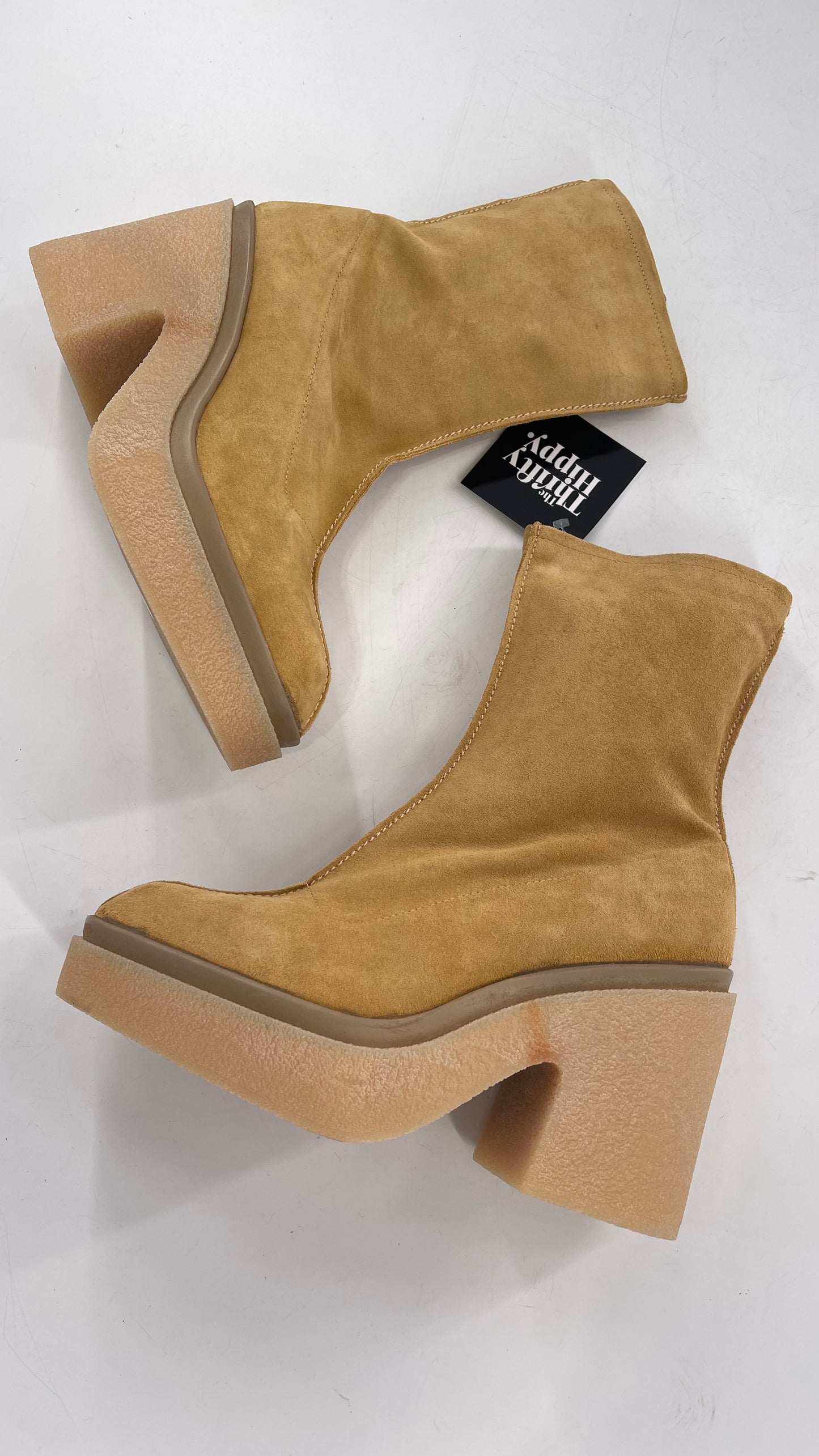 Free People Gigi Tan Suede Ankle Boots with Platform and Chunky Rubber Heel (38.5)