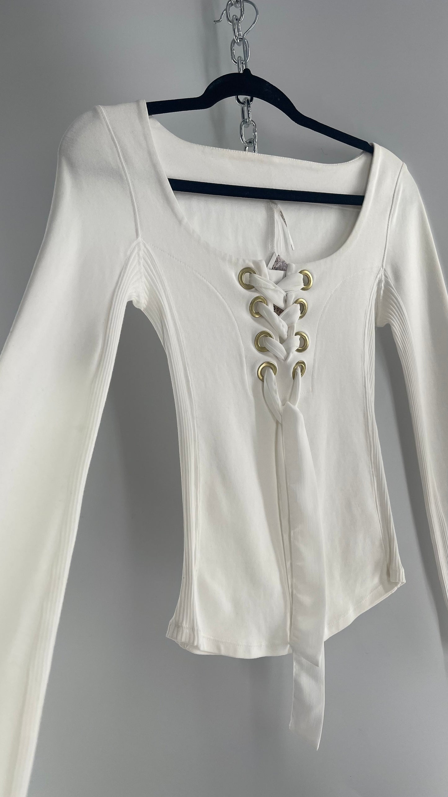 Free People White Lace Up Long Sleeve with Gold Grommets (XS)