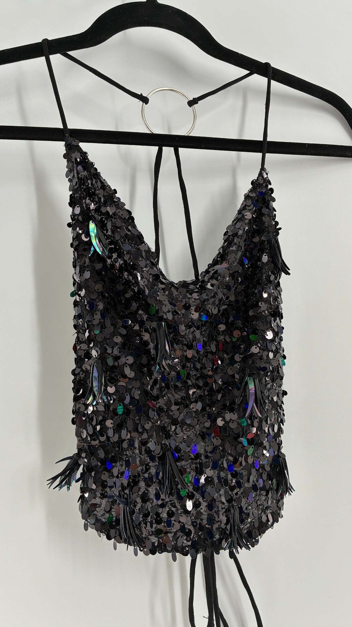 Free People Black Open, Tie Up Back Camisole Covered in Sequins with Silver Hoop Details (XS)