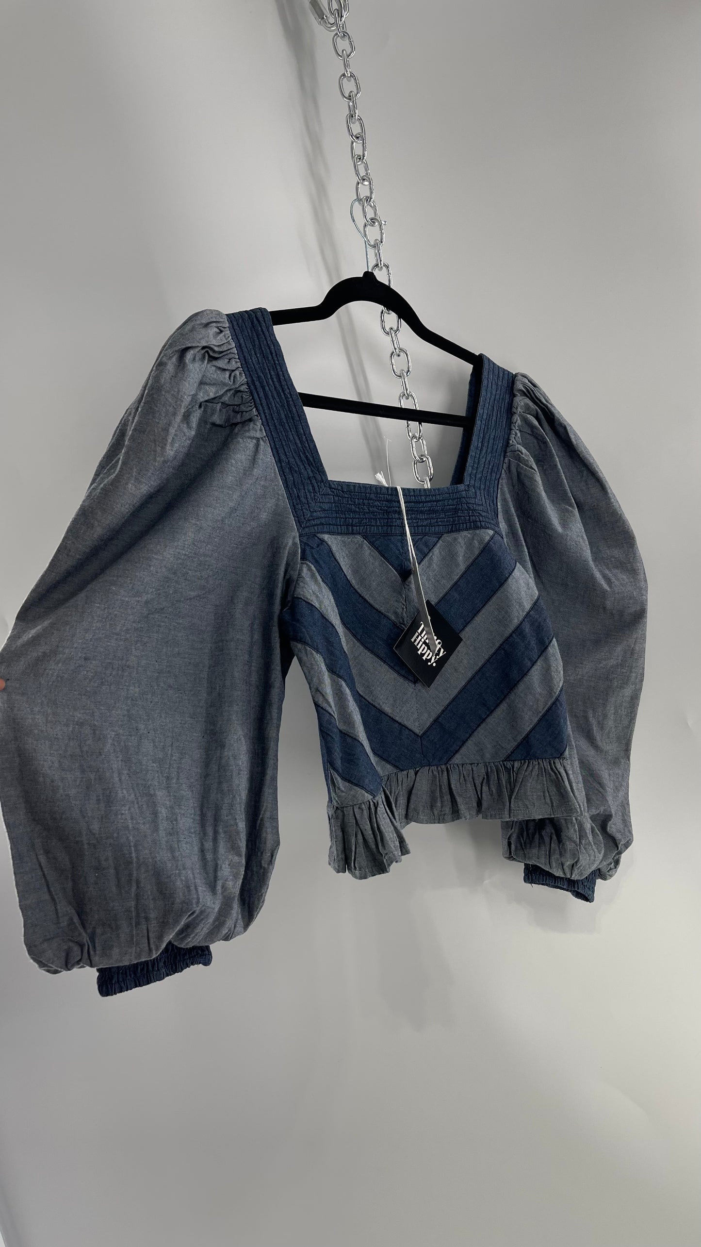 Love the Label ANTHROPOLOGIE Chambray, Chevron, Denim Smocked Blouse with Dramatic Sleeves and Tags Attached (Small)