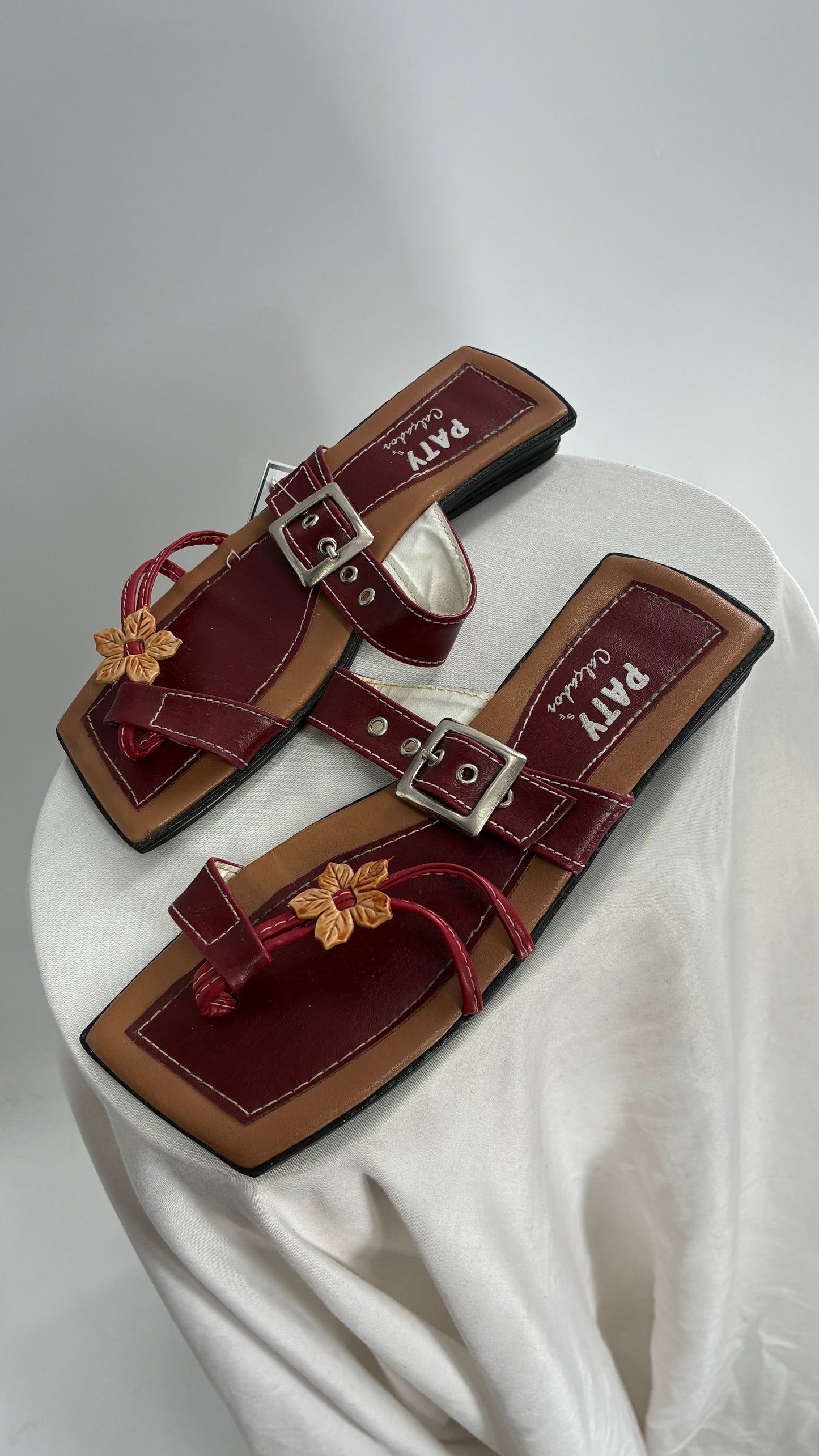 Vintage Burgundy Leather, Square Toe, Made in Brazil Sandals with Metal Buckle Strap (36)