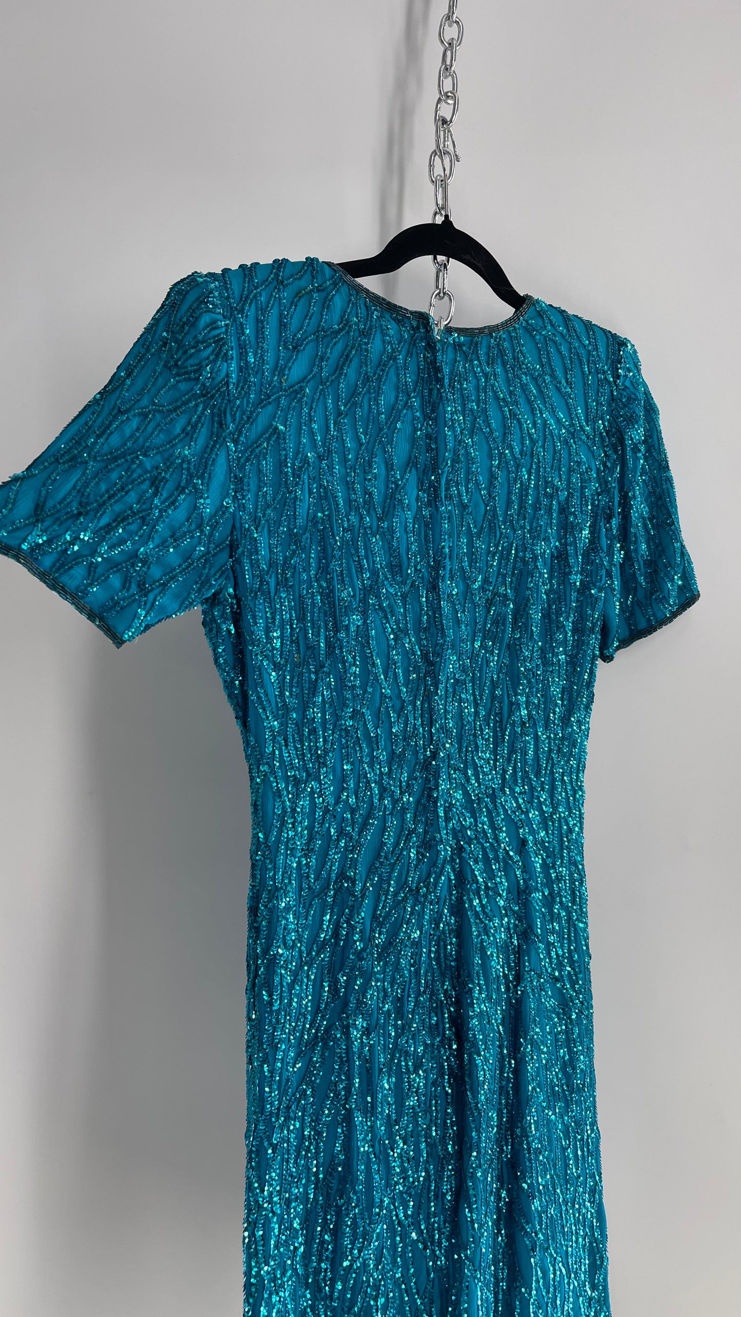 Vintage Sténay 100% Silk Bright Blue Sequin Mini Dress (4)