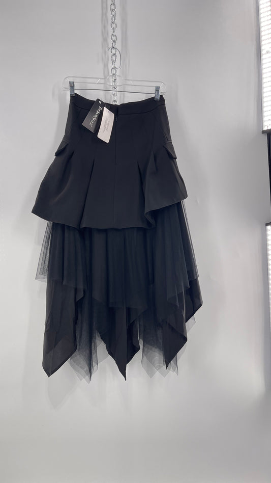 Two Twin Style Black Blazer Skirt with Mesh Tulle Layered Handkerchief Hem (S)