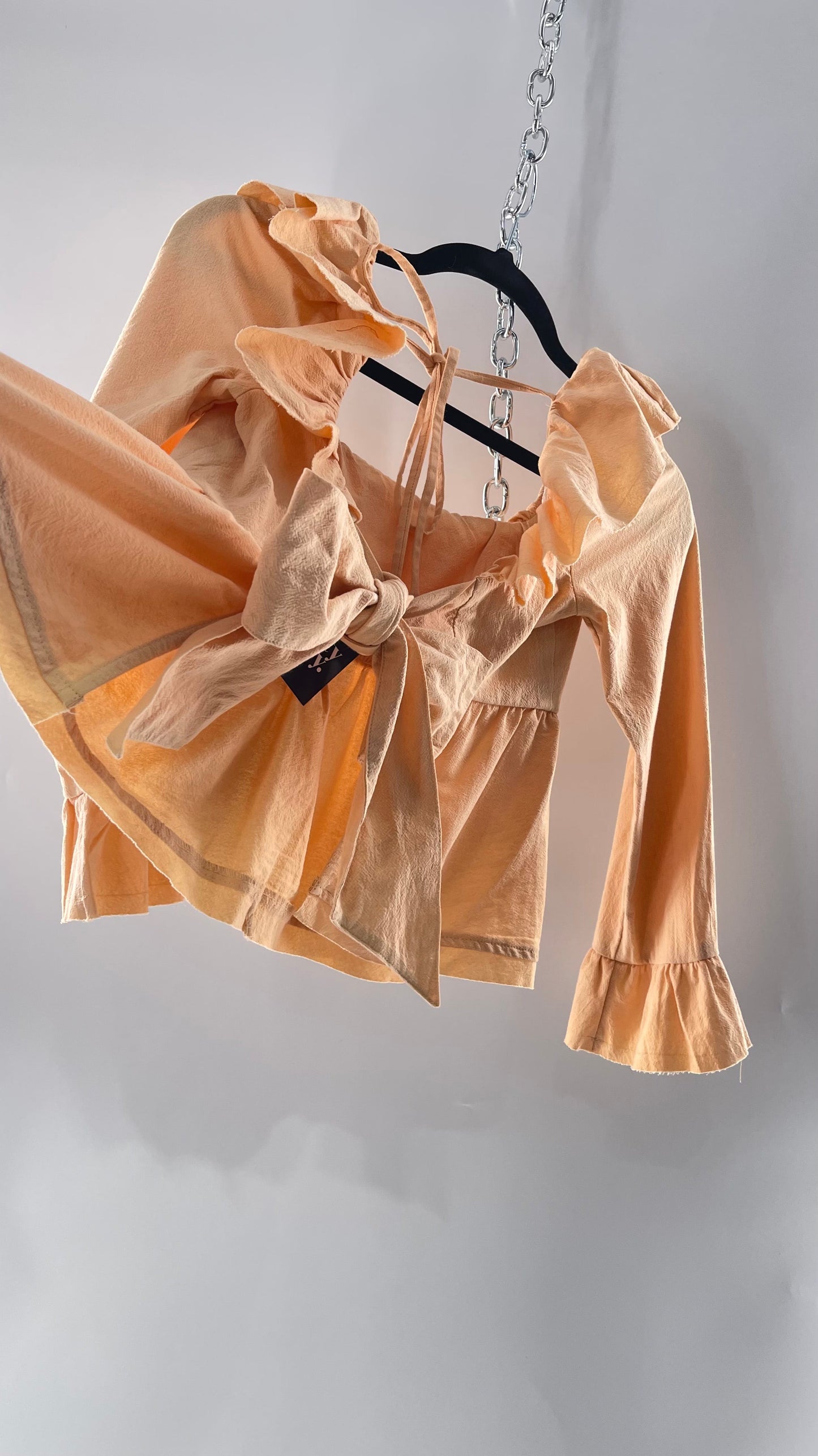 Free People Pumpkin Light Orange Backless Bow Back Cropped Blouse with Ruffle Sleeve and Neckline (XS)