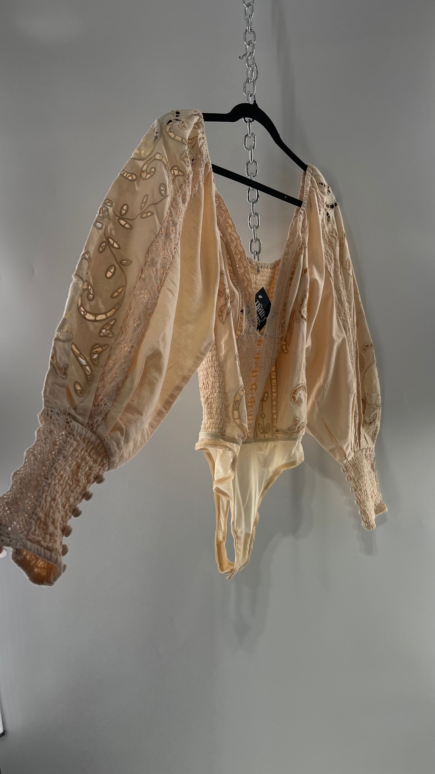 Free People Off White Cotton Bodysuit with Embroidered Lace Balloon Bishop Sleeve and Smocked, Buttoned Cuffs (Large)