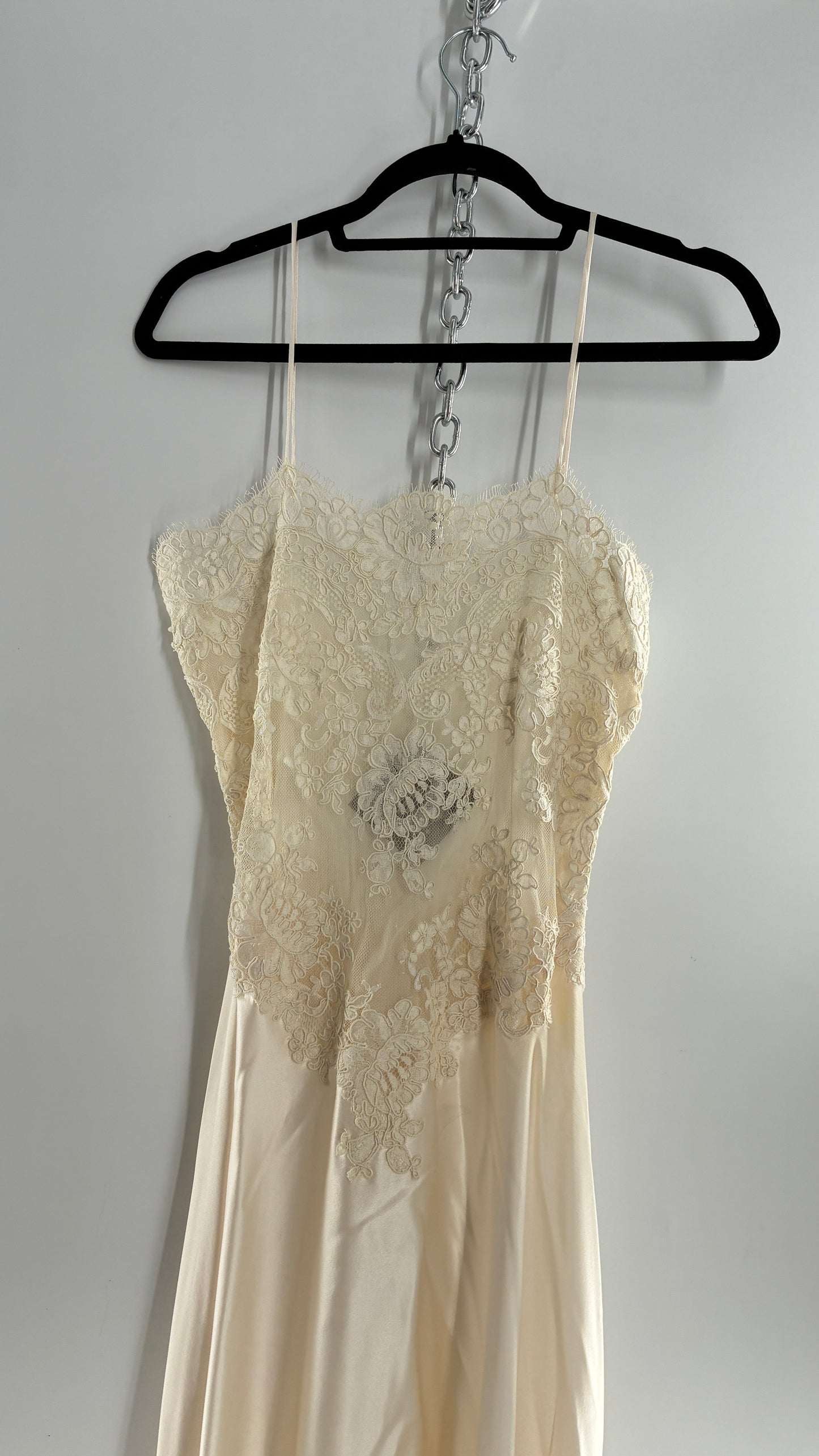 Vintage JONQUIL 100% Silk Gown with Heavy Lace Appliqués and Low Cut Sheer Back (Medium)