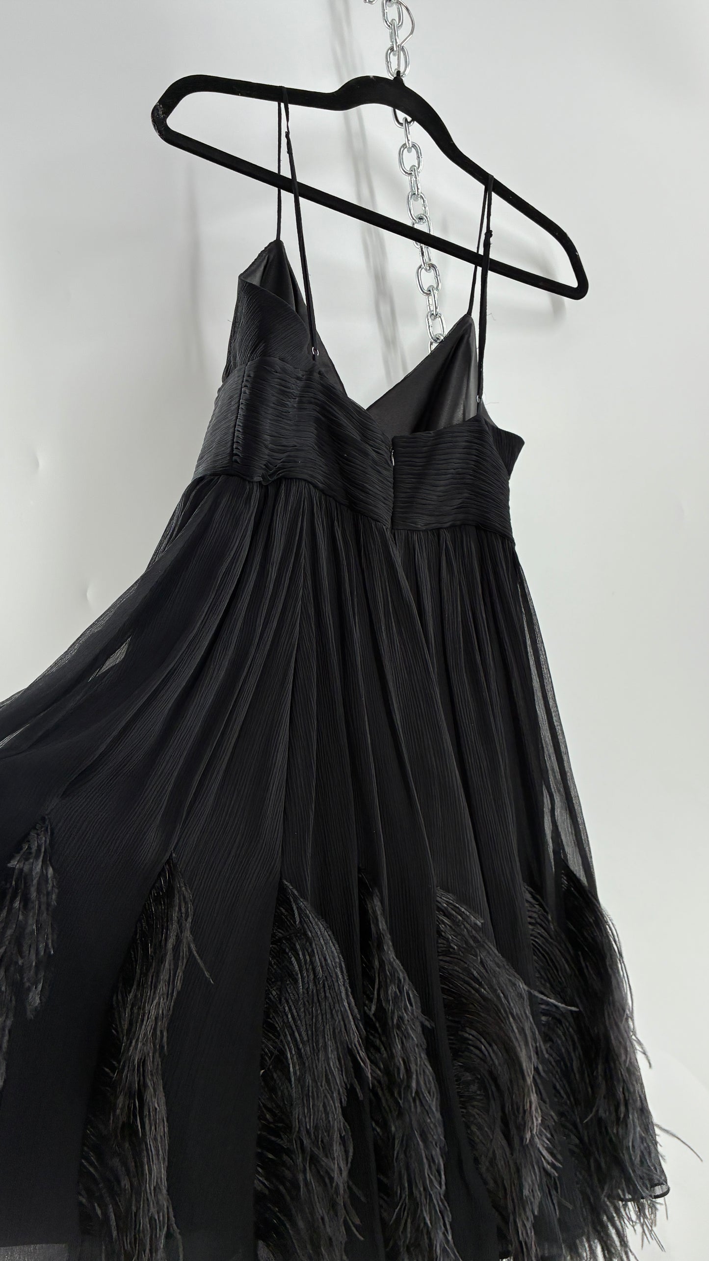 Vintage BCBGMAXAZRIA Crimped Black Dress with Ostrich Feather Details (6)