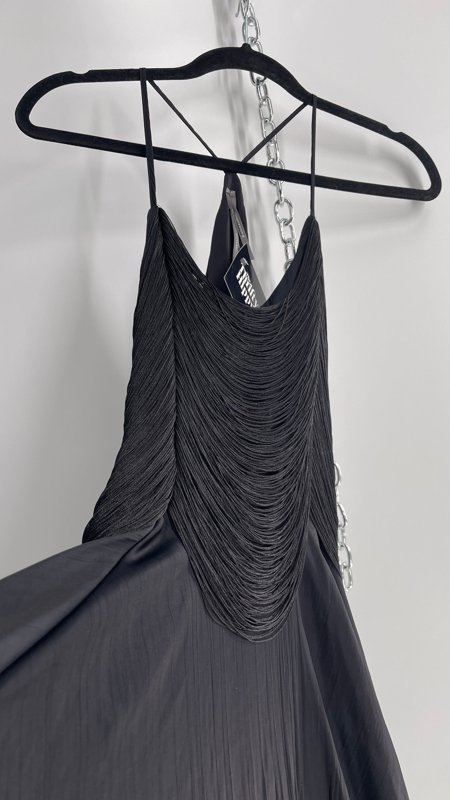 Anthropologie Black Handkerchief Hem Midi Dress with Heavy Draped Rope Bodice (4)