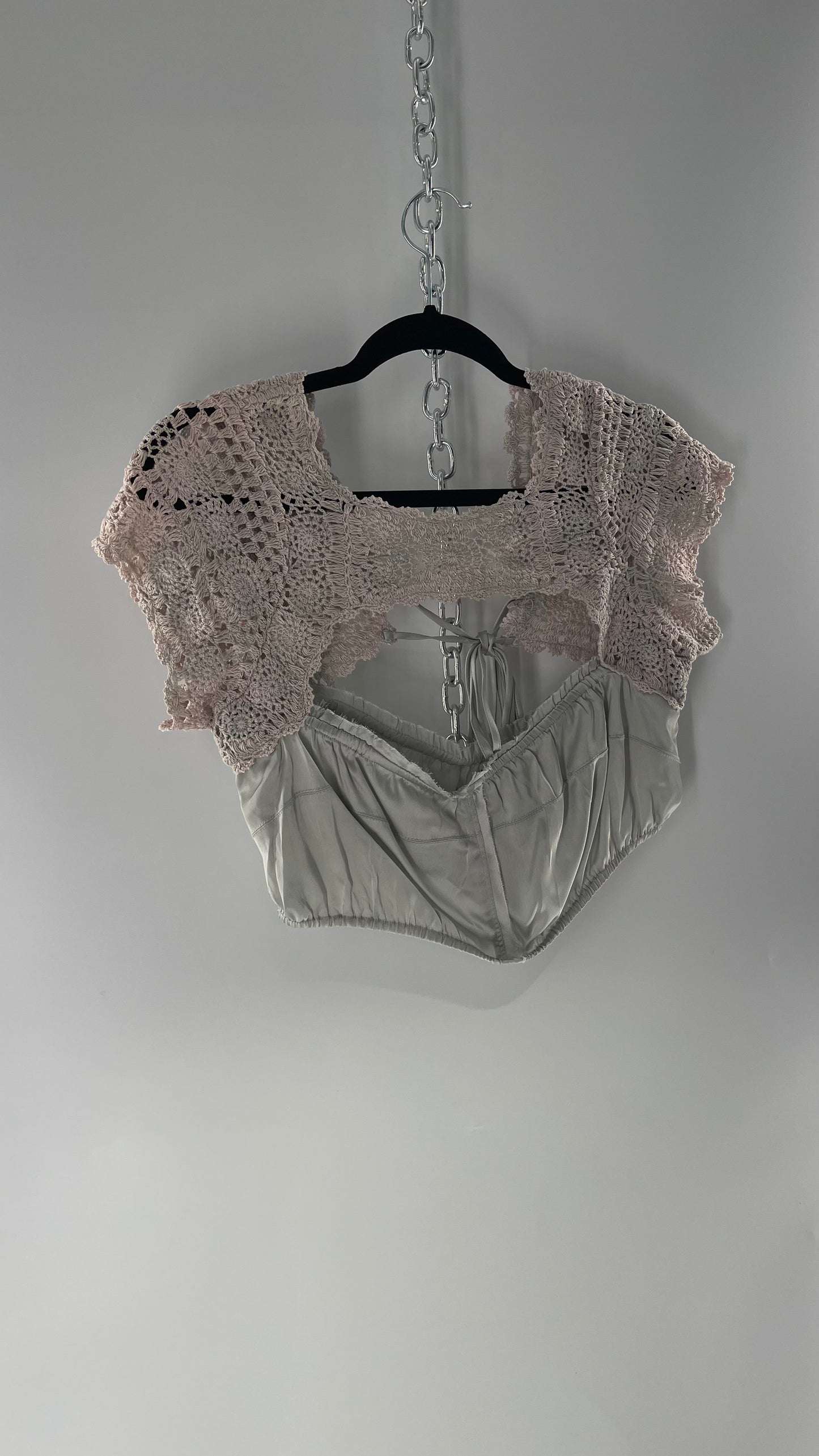 Intimately Free People Silver Satin Cropped Bustier with Crochet Shrug High Neckline (Large)