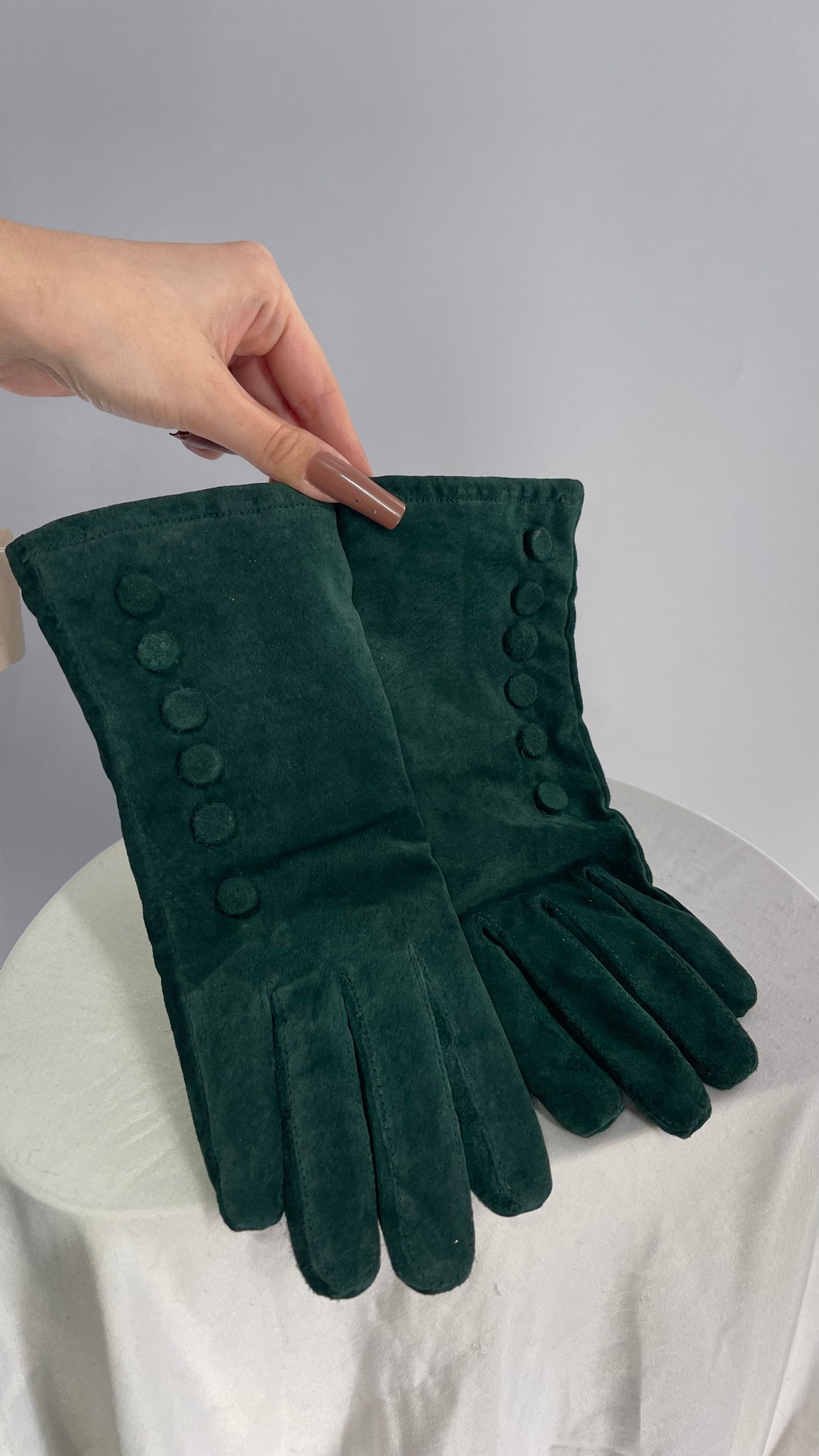 Vintage Green Suede Leather Button Side Gloves