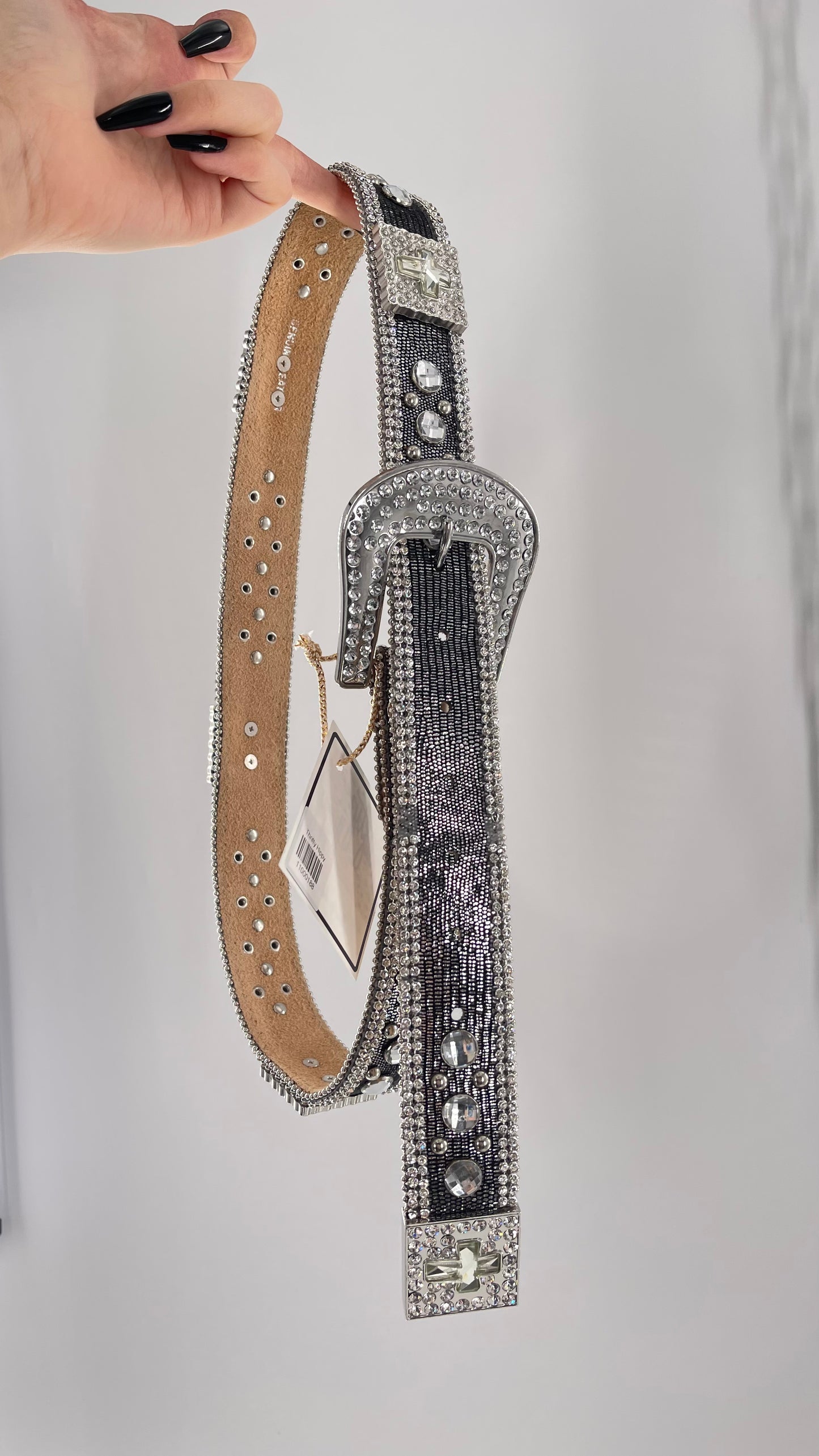 Free People Dark Silver Metallic Snake Print Belt covered in Crystal Embellishments and Heavy Metal Crosses (M)