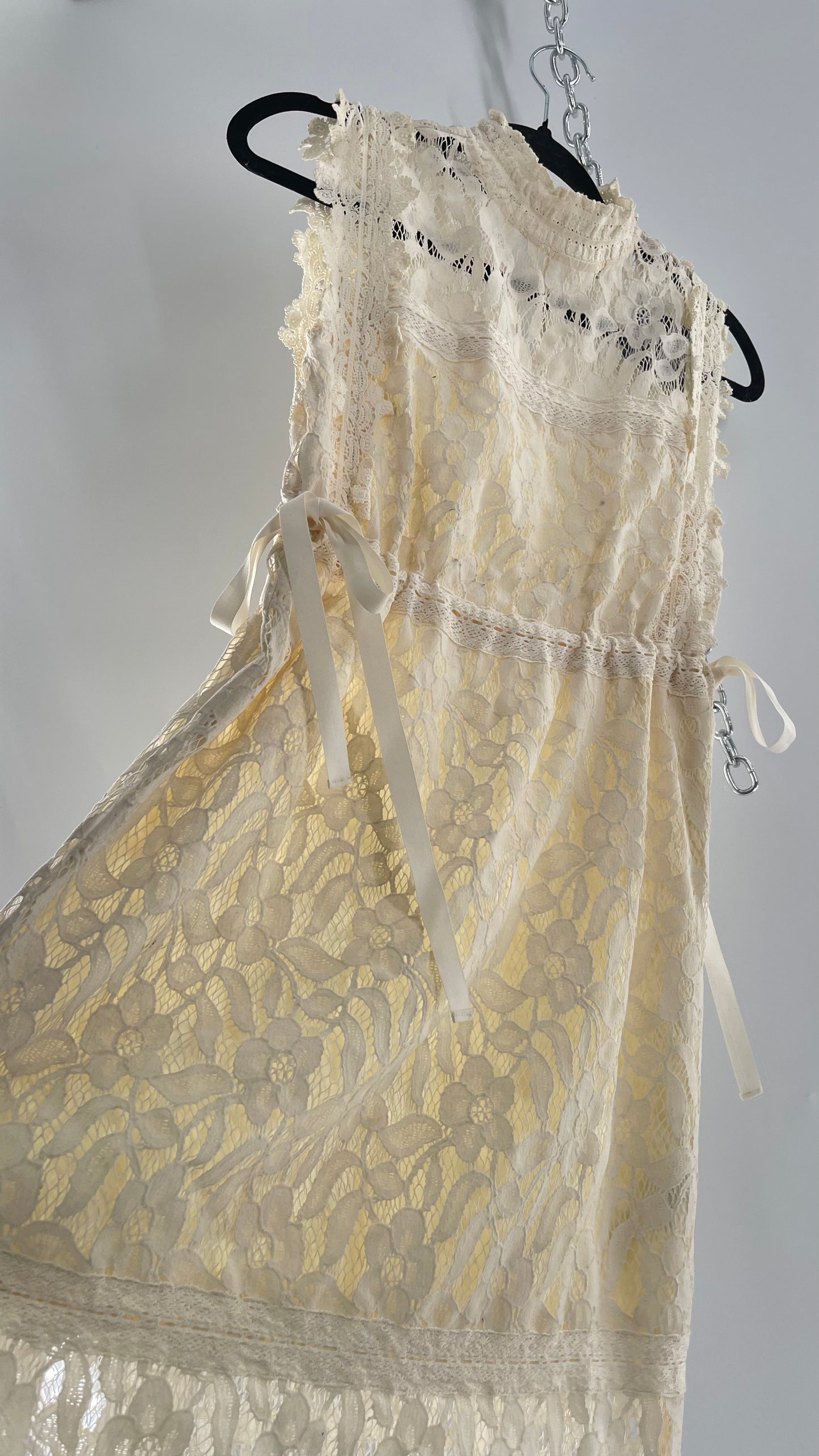 Eri + Ali Anthropologie Velvet Lace MIDI Dress with High Neckline and Side Bow Ties(XS)