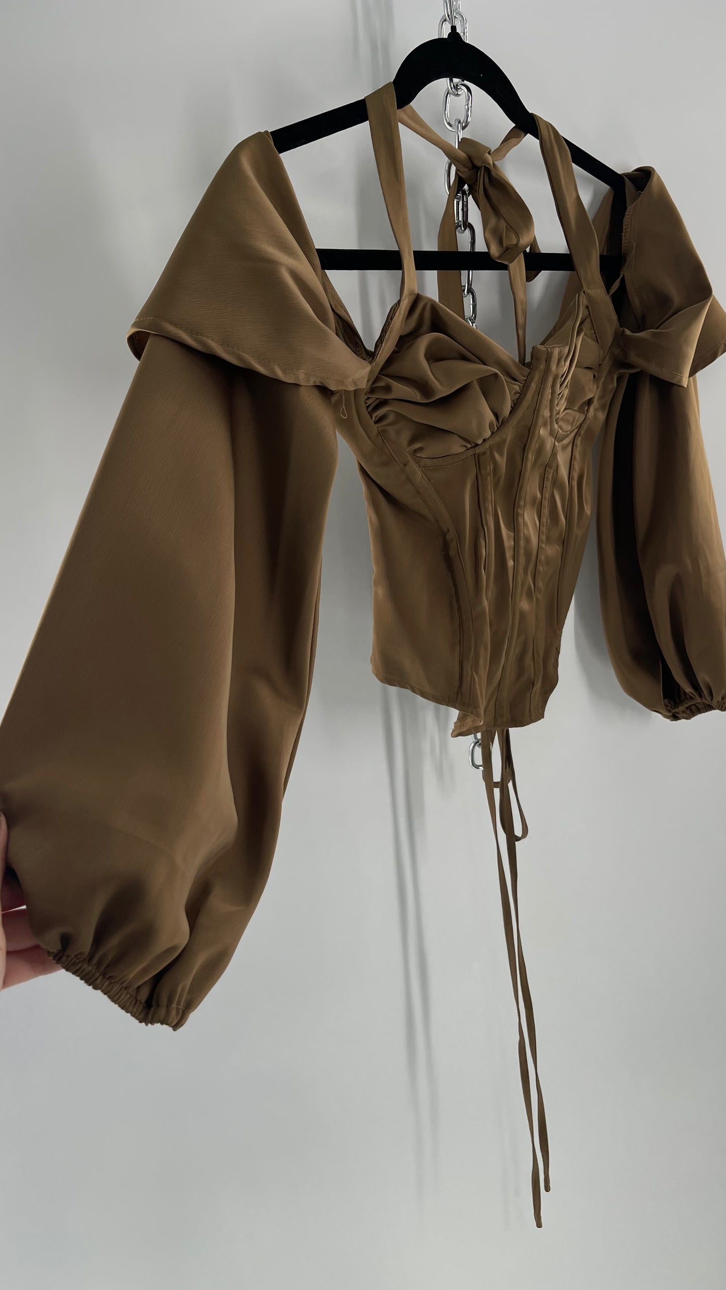 Pretty Little Thing Tan/Gold Corset Blouse with Draped Shoulders, Balloon Sleeves, Halter Strap and Lace Up Back (4)
