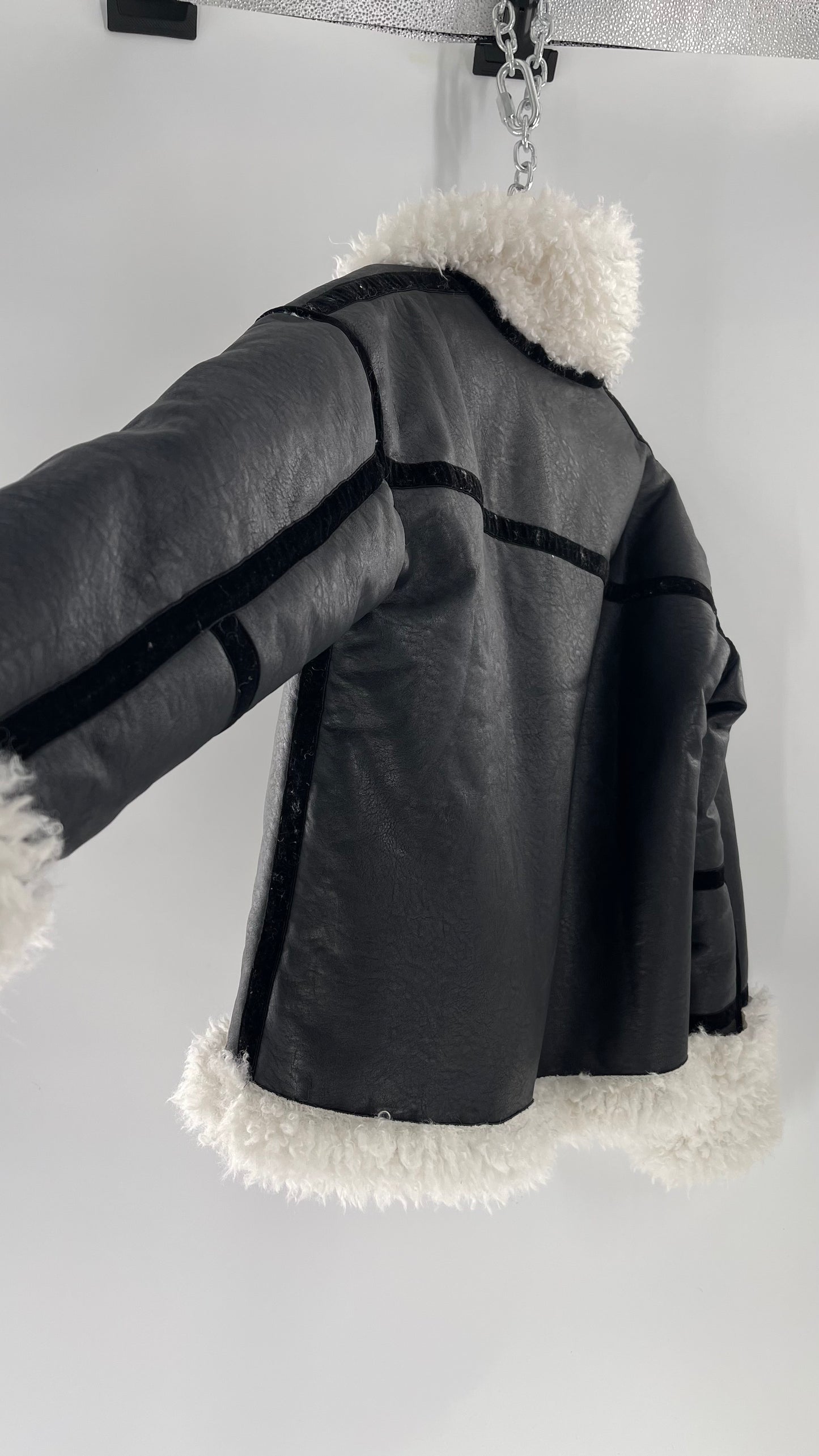 LIONESS Phoenix Jacket Black Faux Leather White Fur Trim (Large)