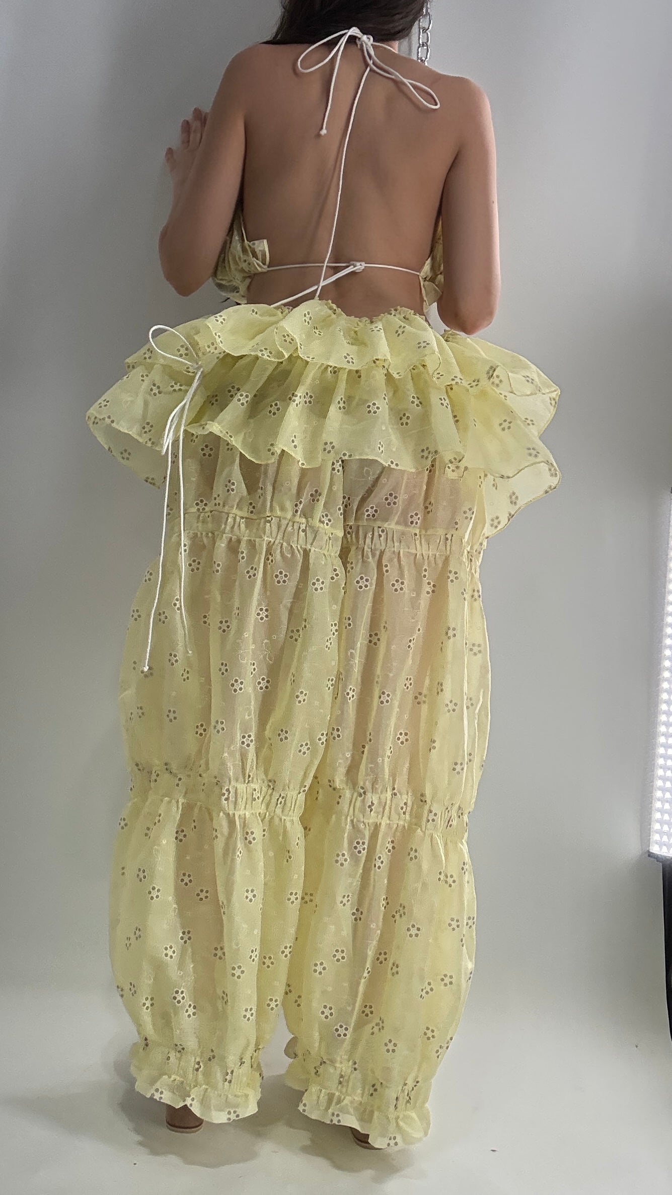Vintage Handmade 2pc Baby Yellow Set with Tiered Pants, Ruffled Bum, and Floral Eyelet Pattern (XS-M)