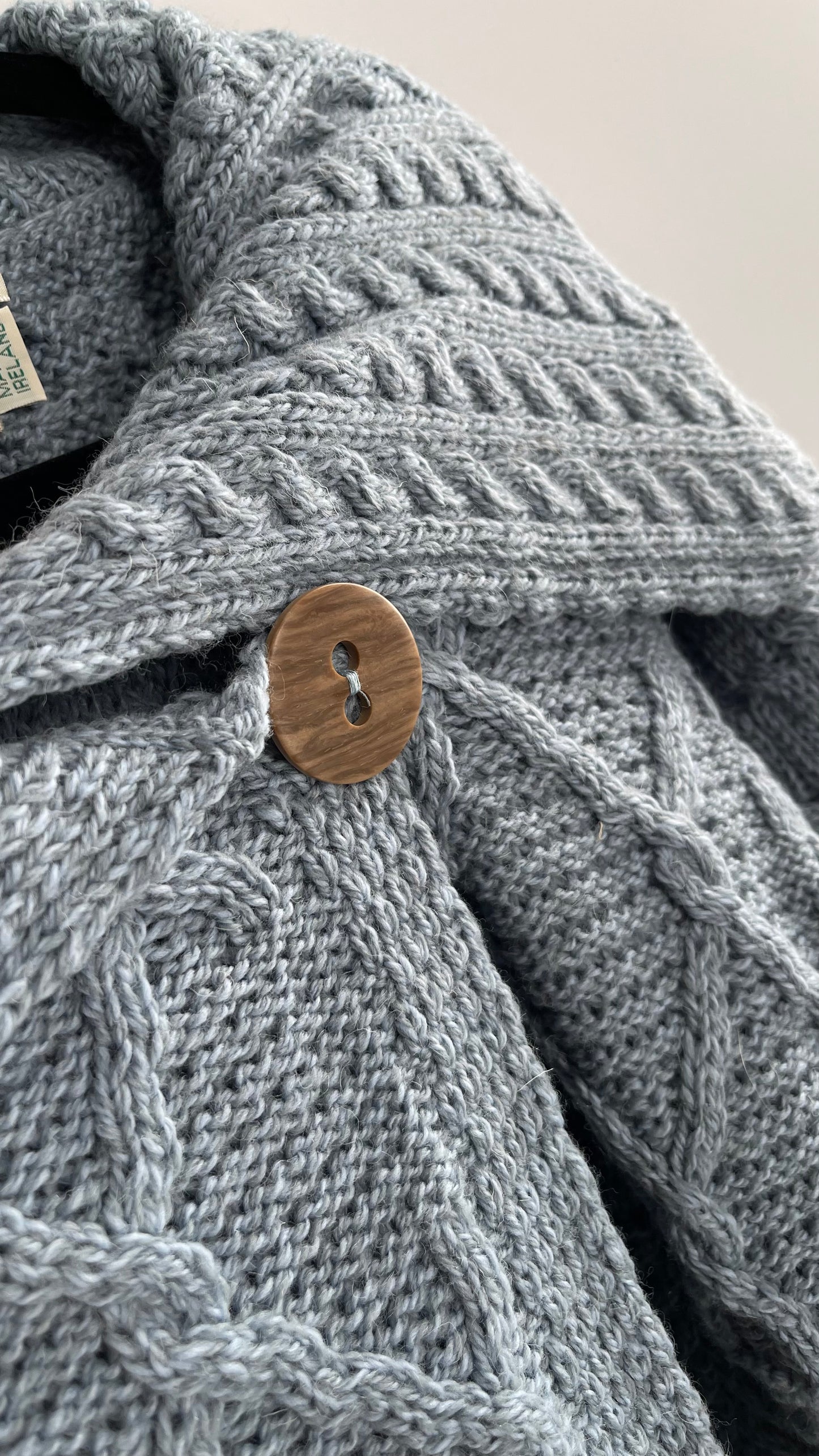 Authentic Irish Aran Sweater Market Slate Blue Aran Stitch Sweater with Oversized Wooden Button Detail and Certificate of Authenticity (Small)