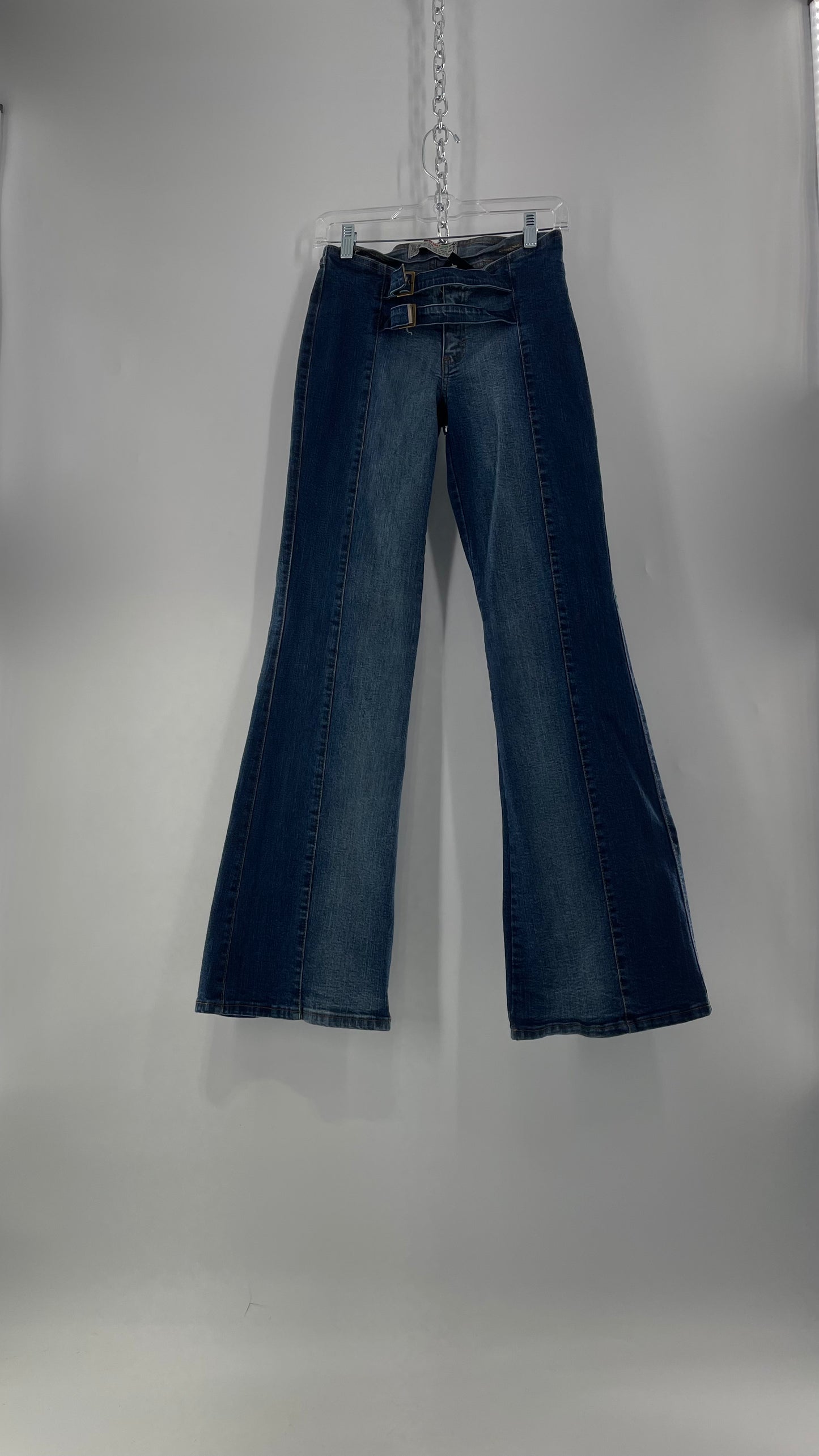 Vintage NewMax Two Toned Paneled Brazilian Jeans with Buckle Jean Strap Closure and Flared Hem (8)