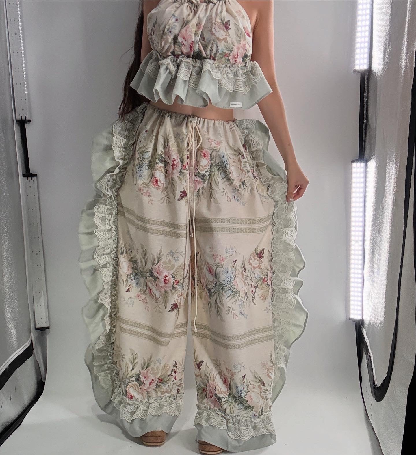 Handmade Vintage Muted Florals Two Piece Set with Adjustable Waist and Bust Lines (XS-XL)