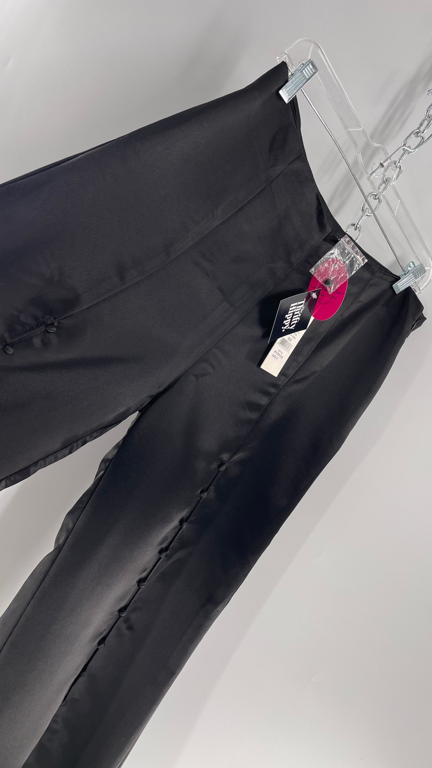 WHY Sultry Steps Black Satin Wide Leg Trouser with Vertical Strip of Satin Buttons (Medium)