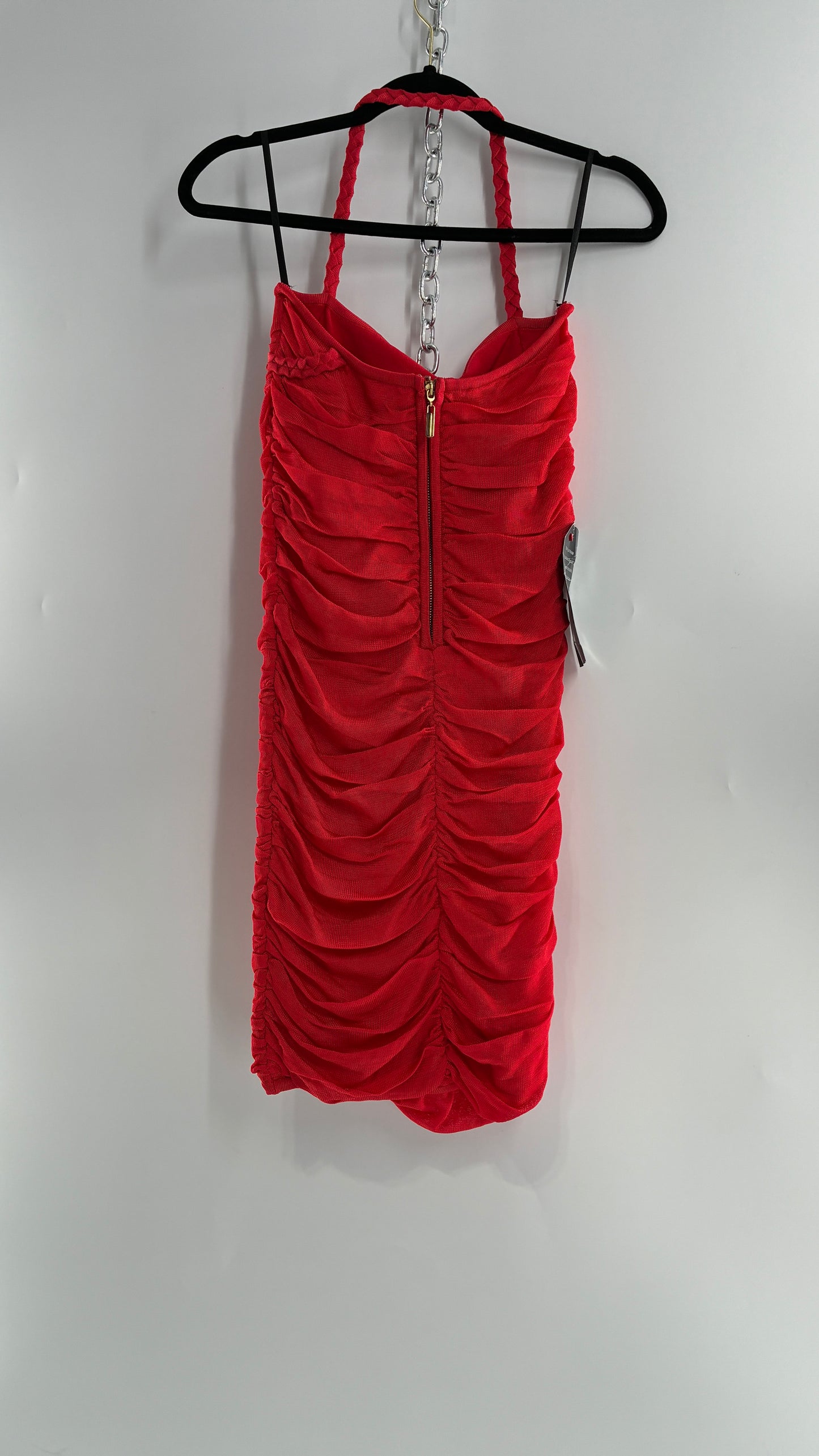 Deadstock Vintage BEBE Red Heavy/Thick Ruched and Roped Mini Dress (Medium)