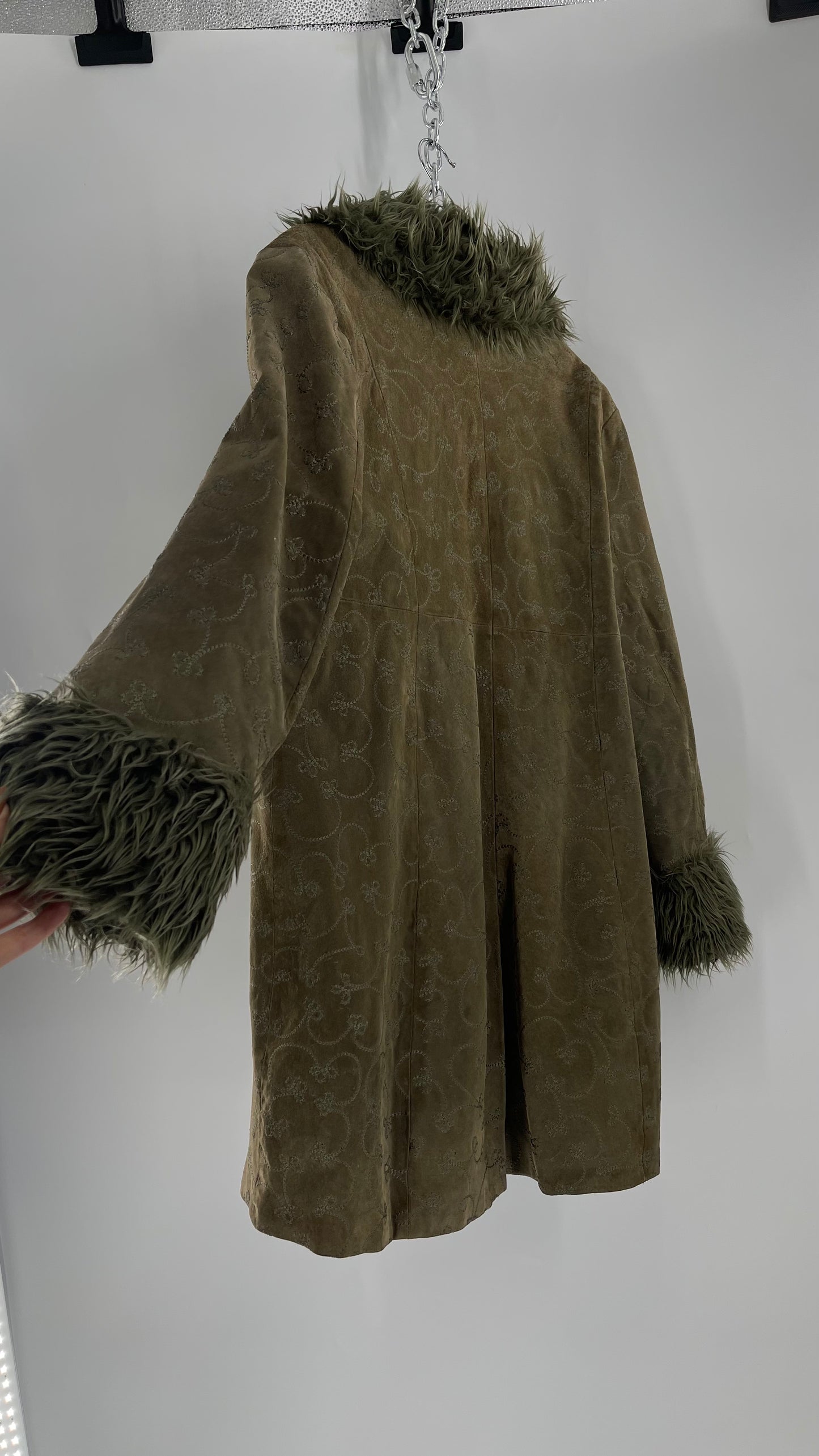Vintage STATIC Embroidered Genuine Leather Coat with Fur Cuffs and Collar (C) (XL)