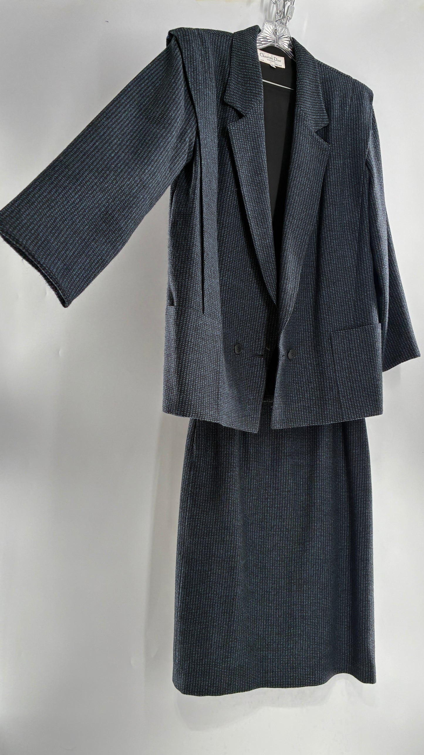 Vintage CHRISTIAN DIOR Navy Woven Maxi Skirt and Oversized Lapel Style Blazer with Padded Shoulders (8)