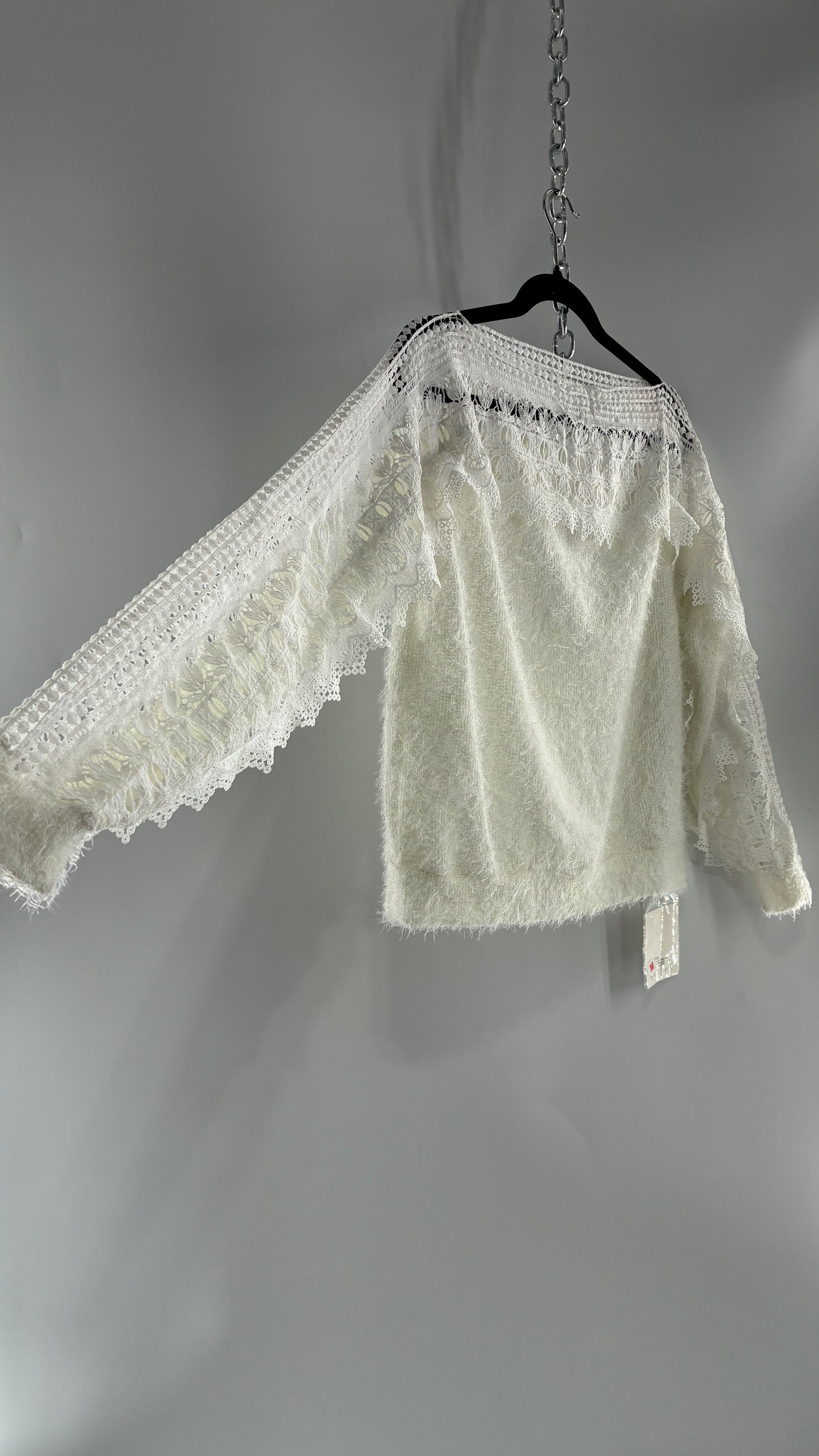 Deadstock White Shaggy Sweater with Thick Scalloped Lace Neckline + Arm Detail and Tags Attached (Medium)