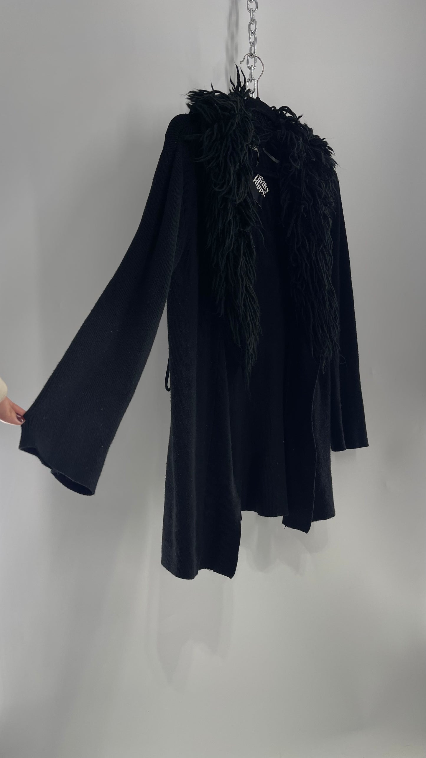 Dolce Cabo Vintage Worn Used Black Knit Cardigan with Exaggerated Shaggy Collar (Medium)