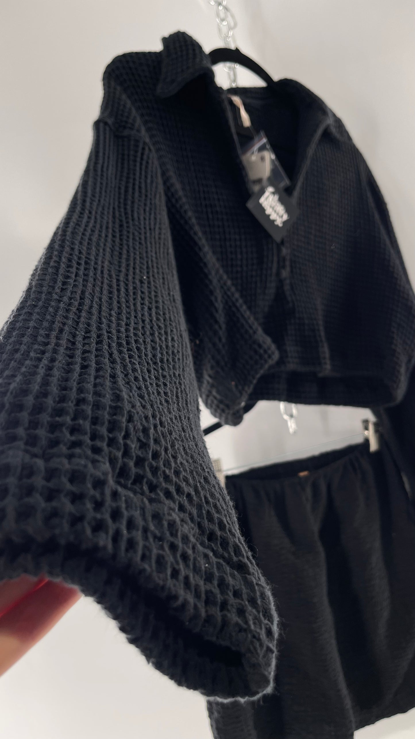 Free People Waffle Knit Black Cropped Button Up and Skirt Set with Tags Attached (Small)