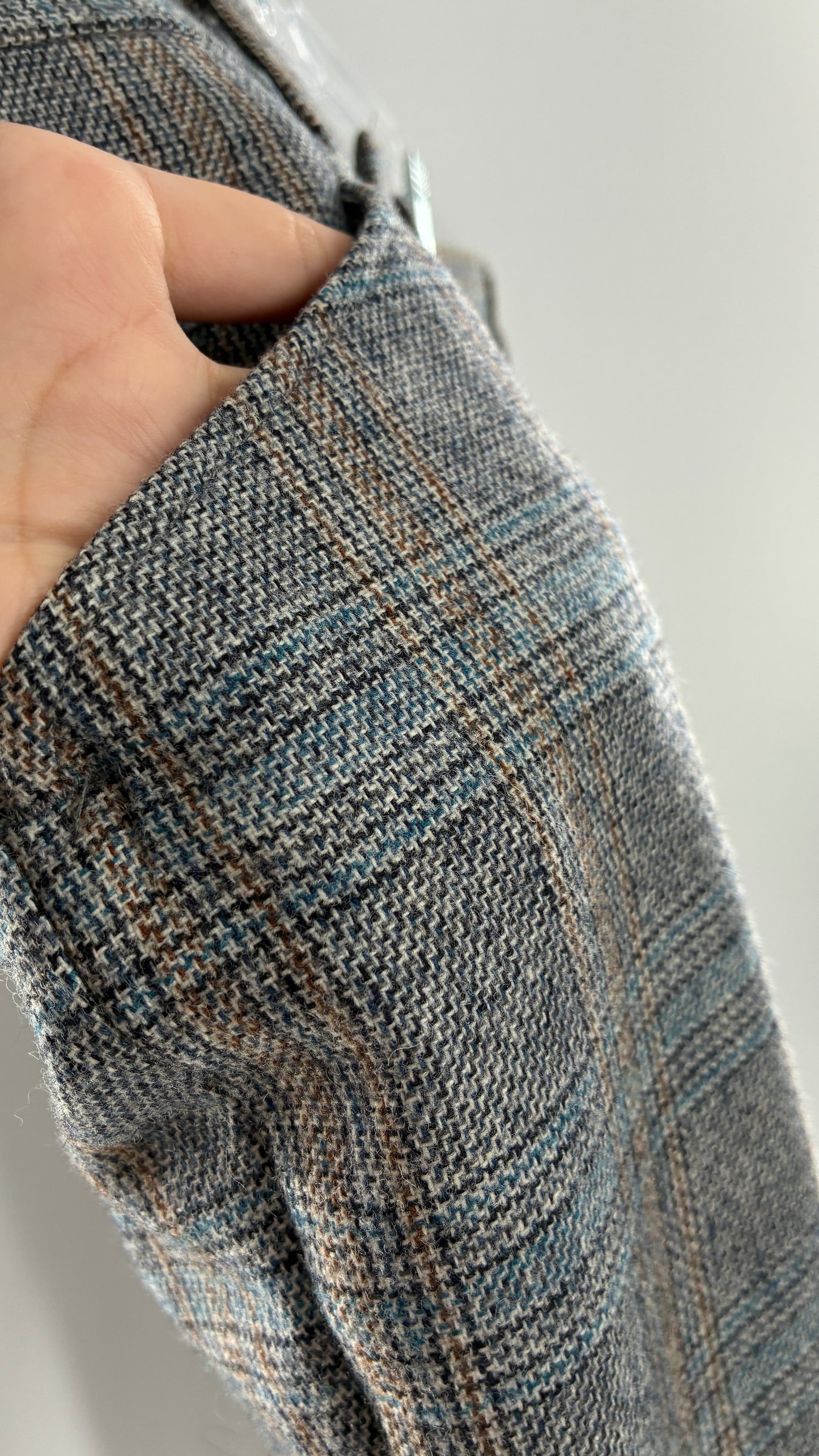 Vintage Handmade Wool Blend Woven Men’s Tailored Trousers with Grey Blue Plaid Pattern (35x32)
