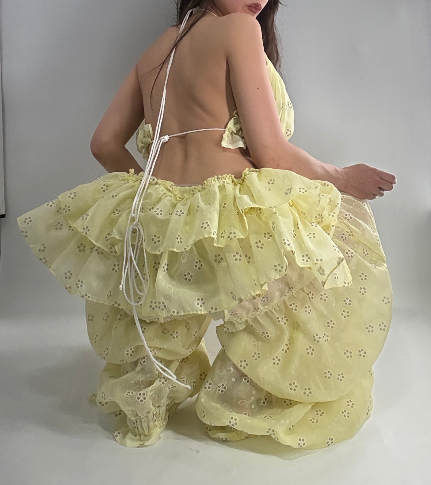 Vintage Handmade 2pc Baby Yellow Set with Tiered Pants, Ruffled Bum, and Floral Eyelet Pattern (XS-M)