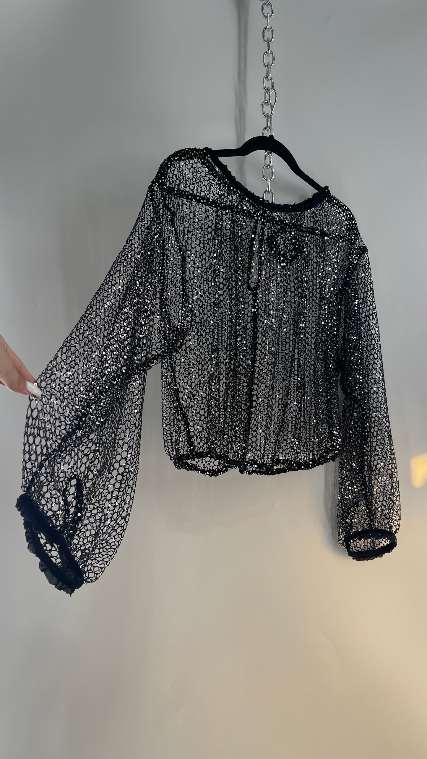 Free People Disco Black Mesh Blouse with Velvet Ribbon Trim (S/M)