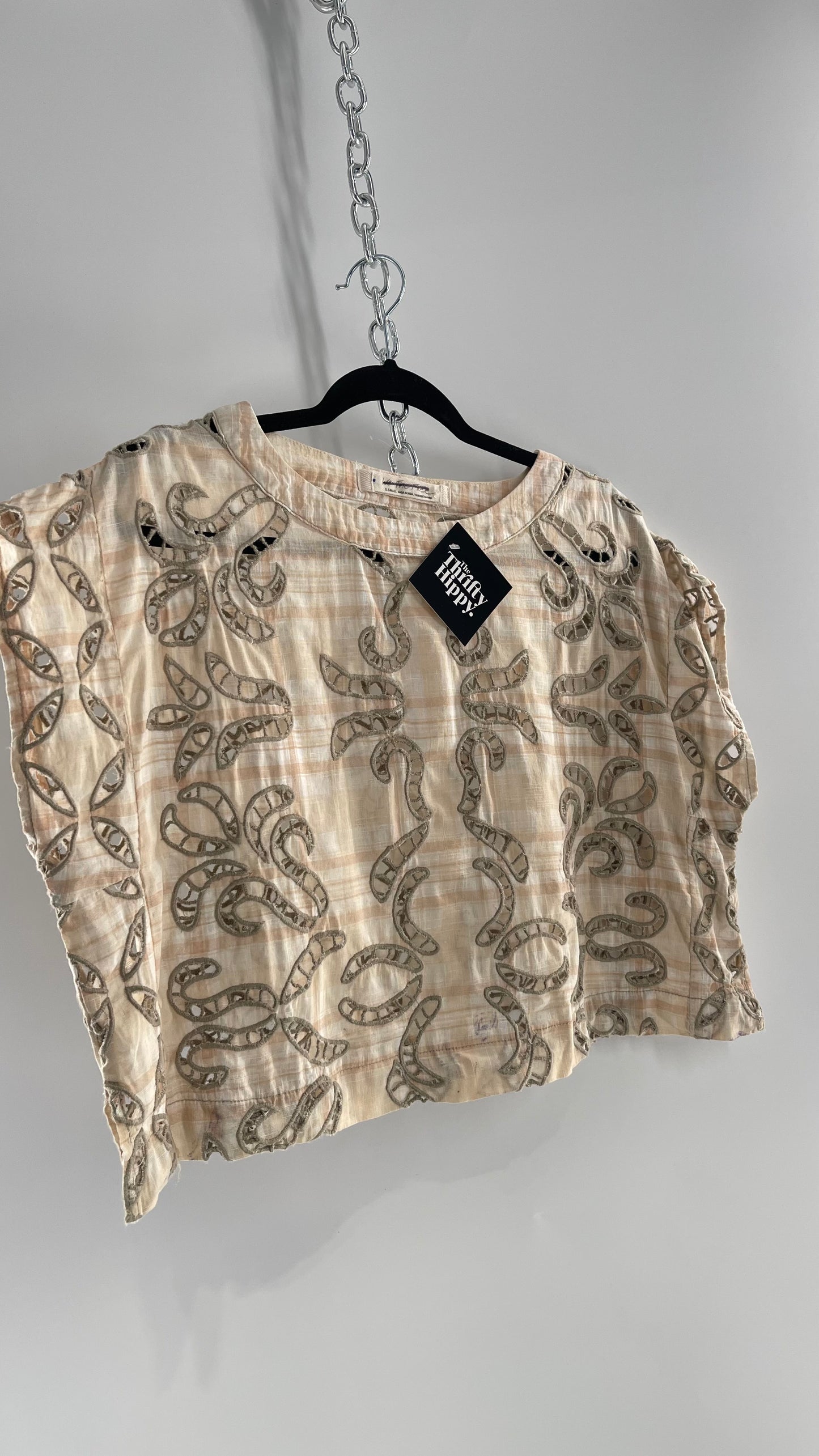 Free People 100% Cotton Plaid Blouse with Tan Embroidered Eyelet Lace Cut Outs (XS)